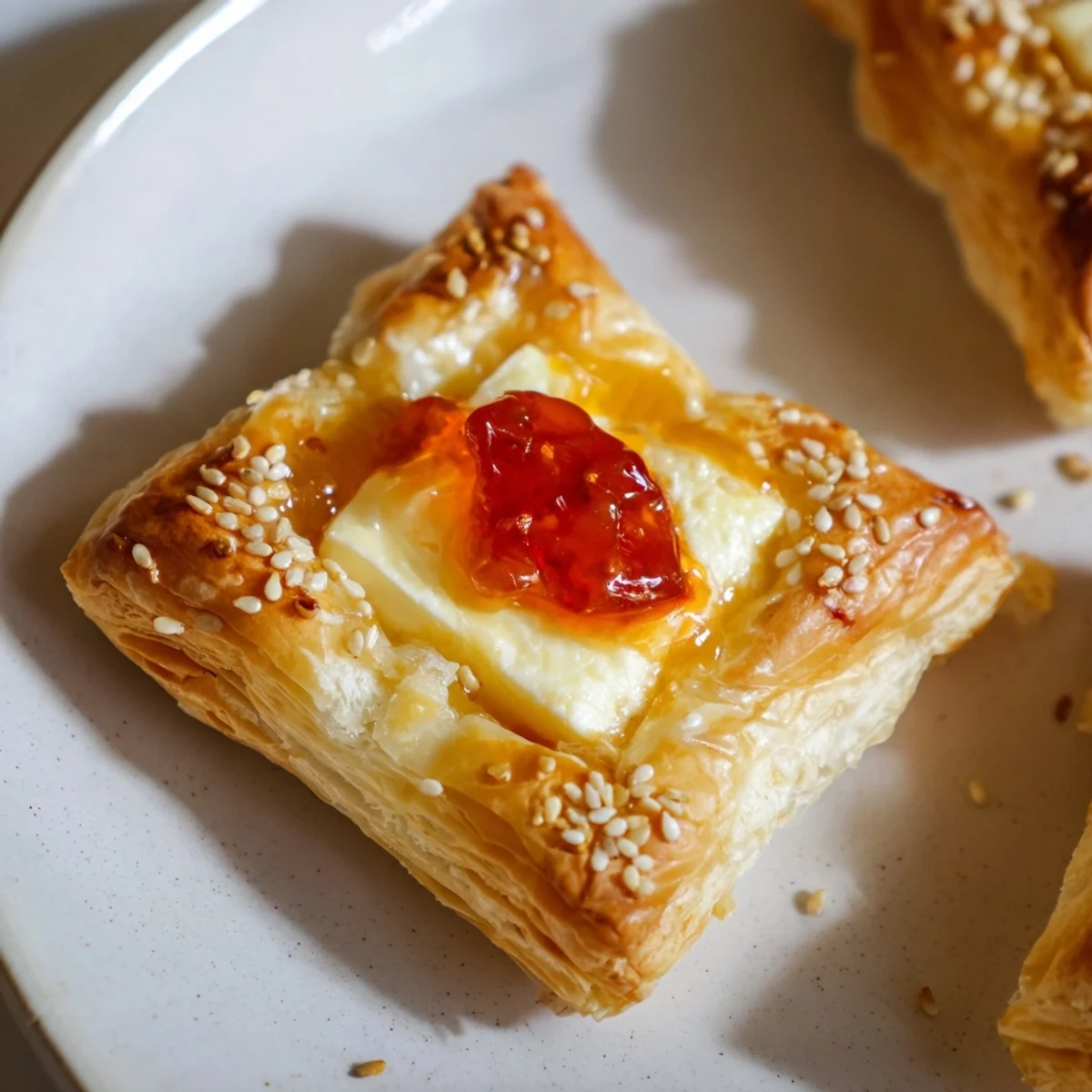 Golden, baked Chili Crisp Honey Brie Bites, showcasing flaky pastry and melted, creamy cheese filling.