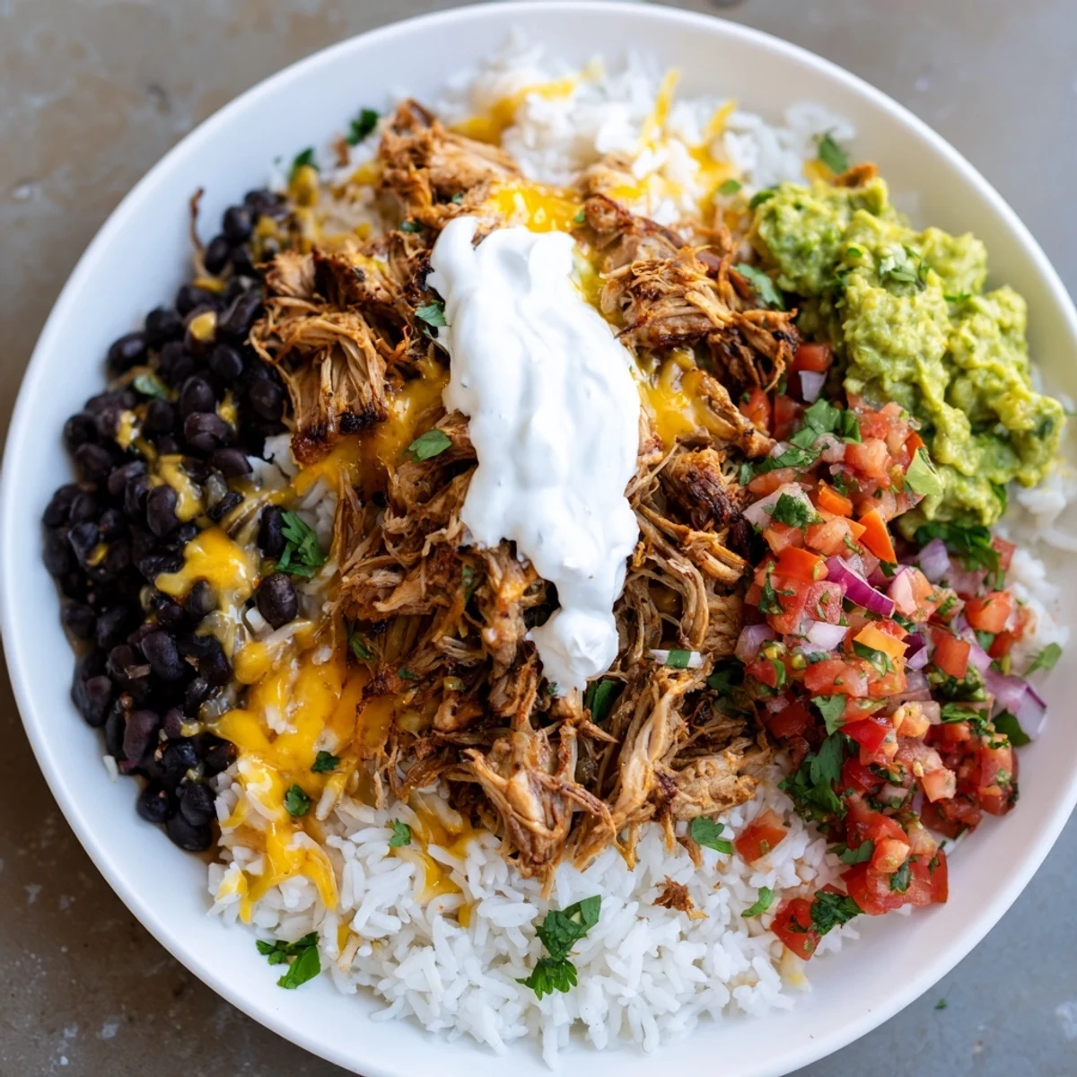 A colorful Chipotle Burrito Bowl copycat with layered cilantro lime rice and savory carnitas.