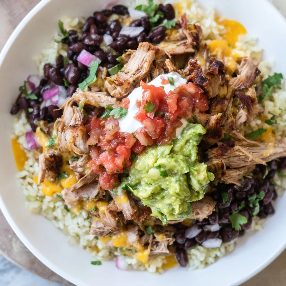 This Chipotle Burrito Bowl copycat features a fresh, creamy guacamole and perfectly seasoned beans.