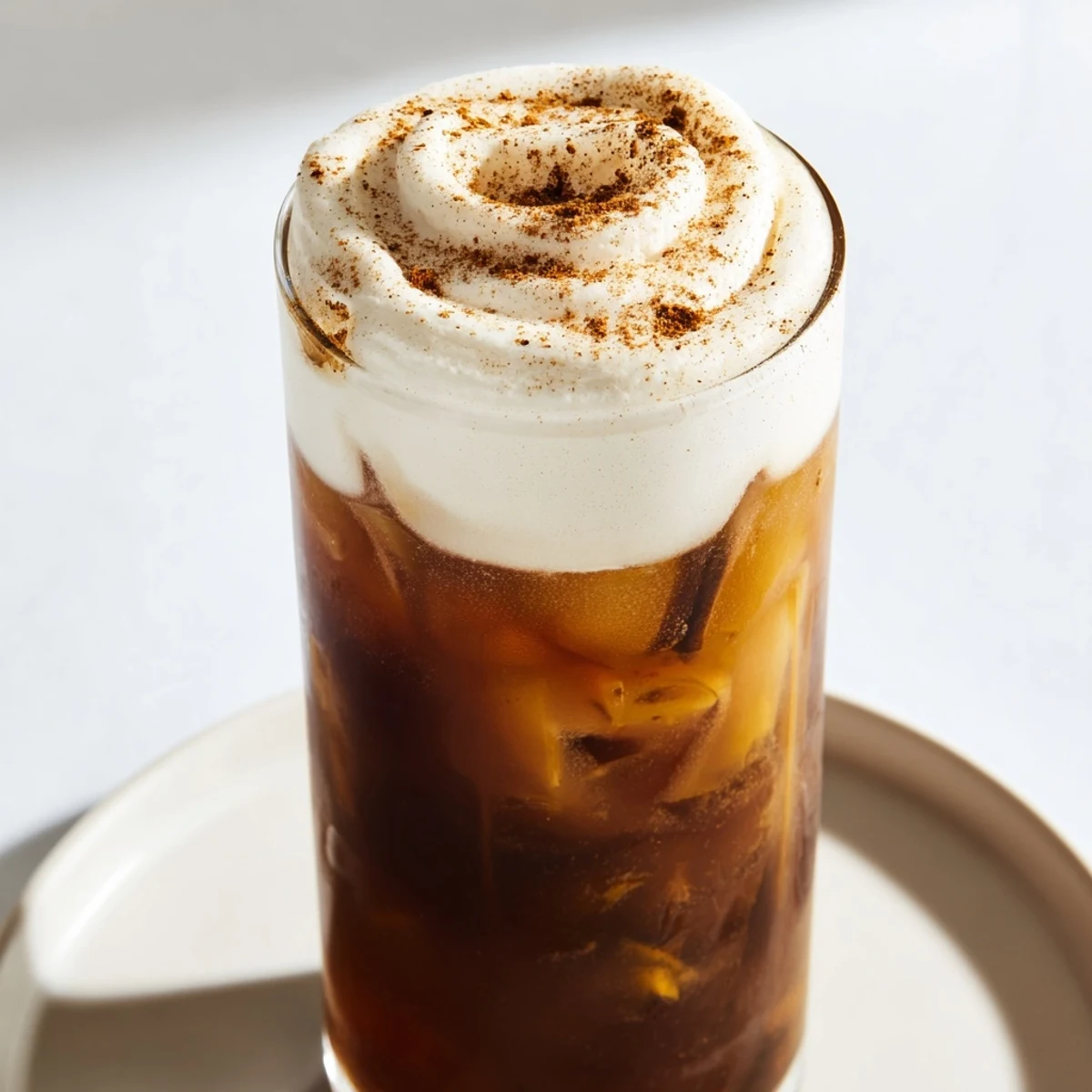 Iced chai recipe in a tall glass, beautifully topped with creamy, fluffy cold foam.