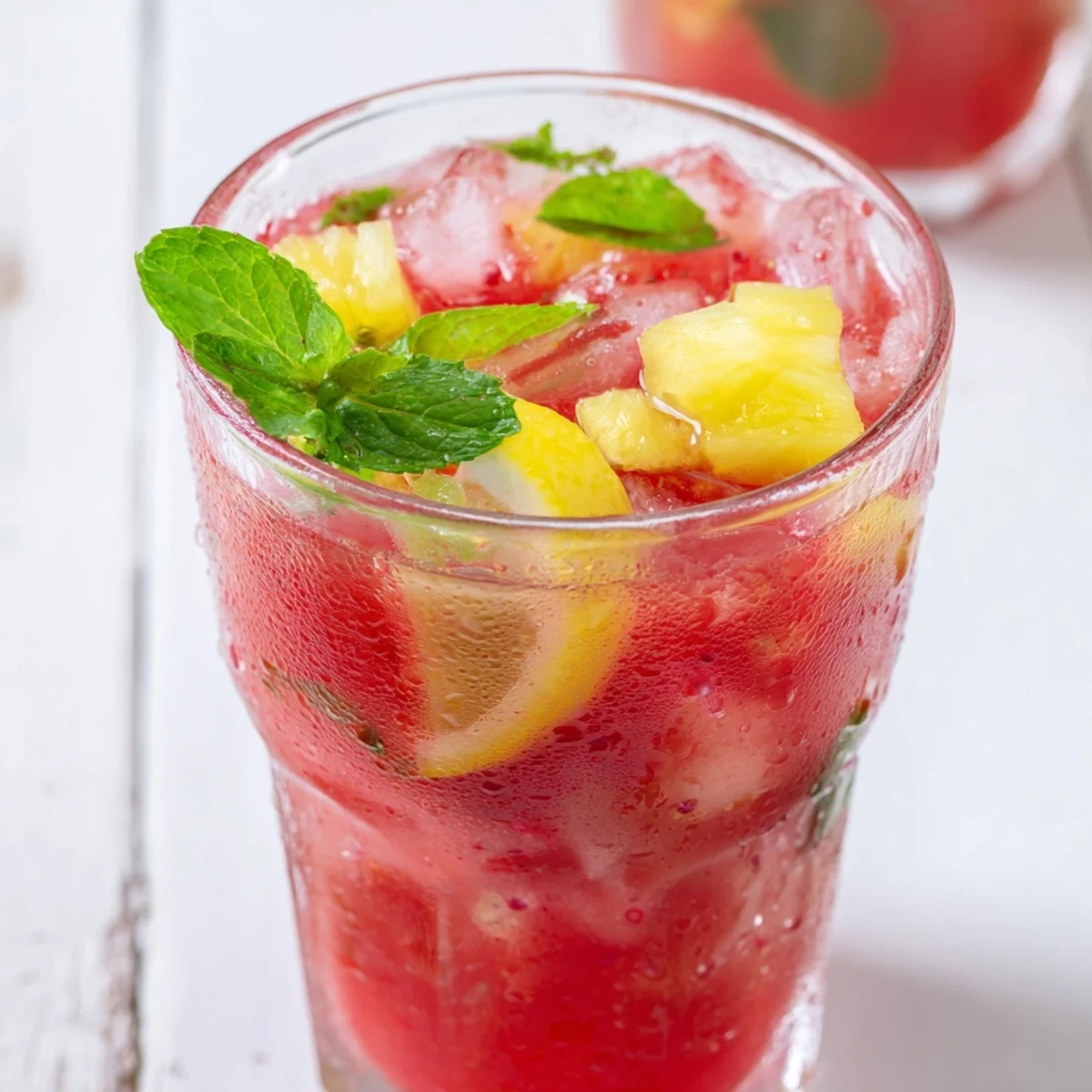 Bright red strawberry DIY fruit refresher drinks, chilled and perfect for a hot summer day.