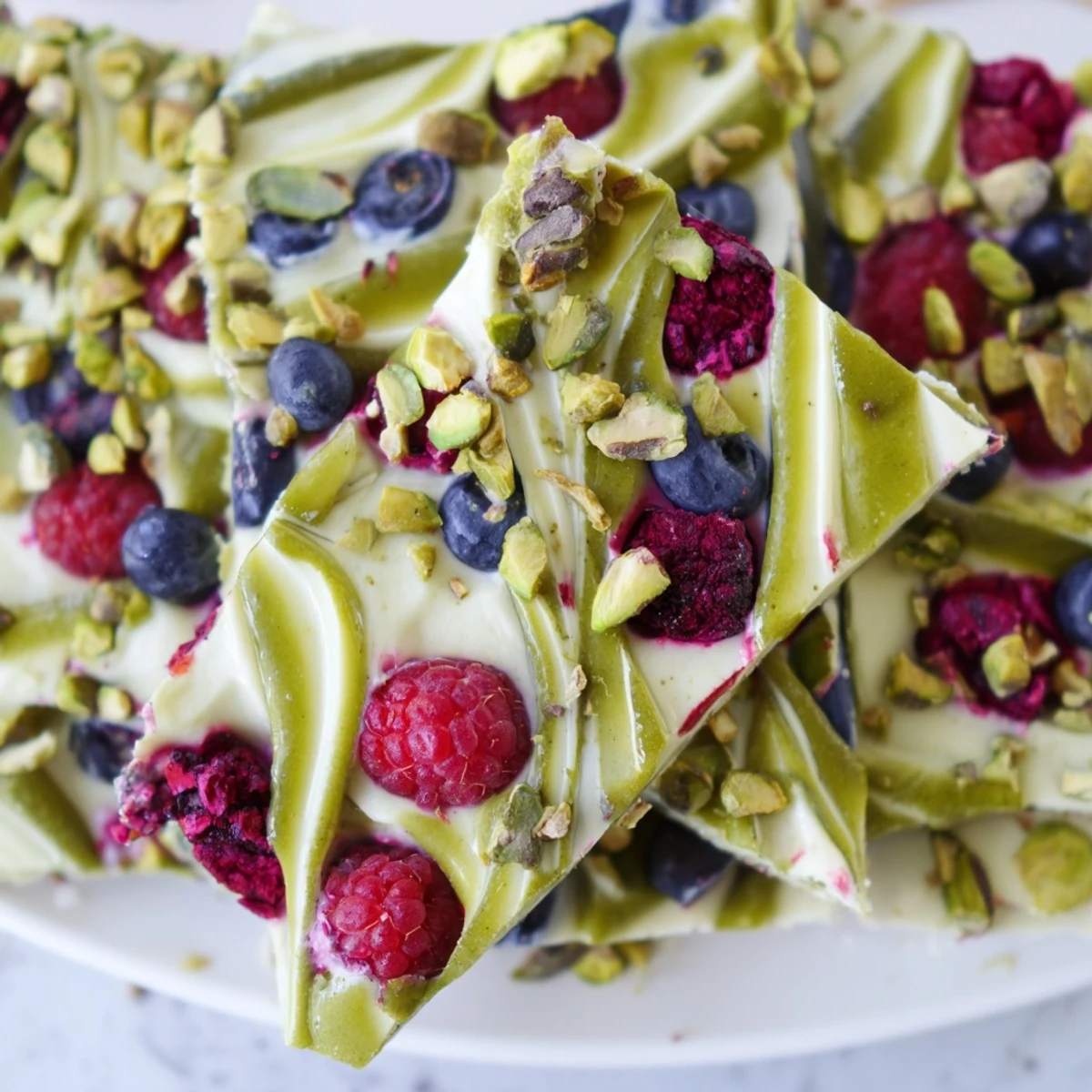 Creamy, swirled Frozen Yogurt Bark topped with vibrant berries and crunchy pistachios, a cool dessert.
