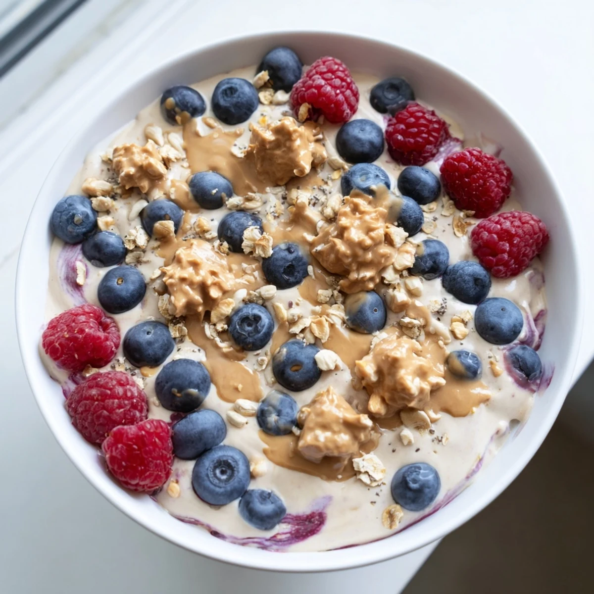 A vibrant Protein Ice Cream Bowl with fresh berries, offering a cool, healthy dessert choice.