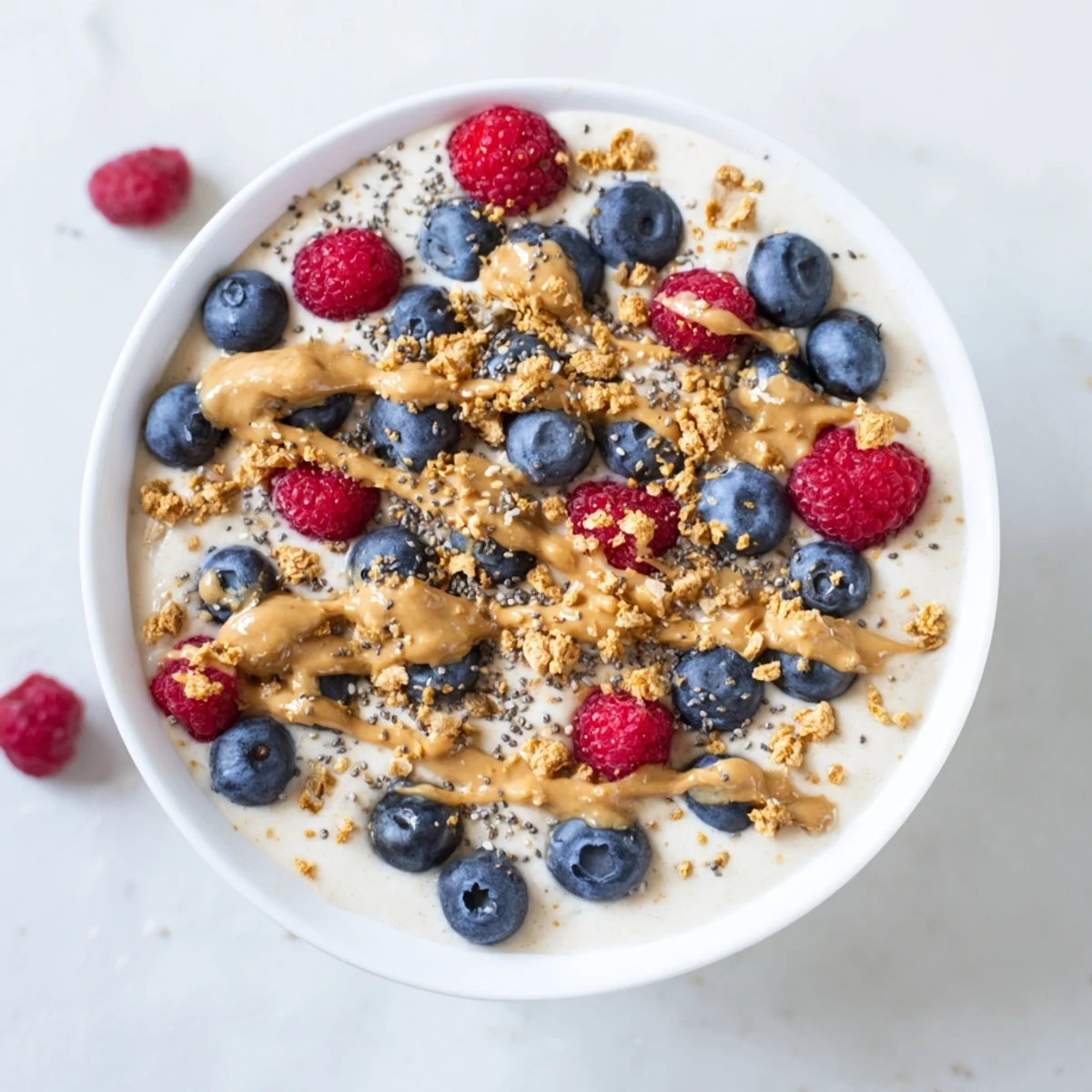 A close-up of a creamy Protein Ice Cream Bowl, swirled with vanilla and topped with granola.