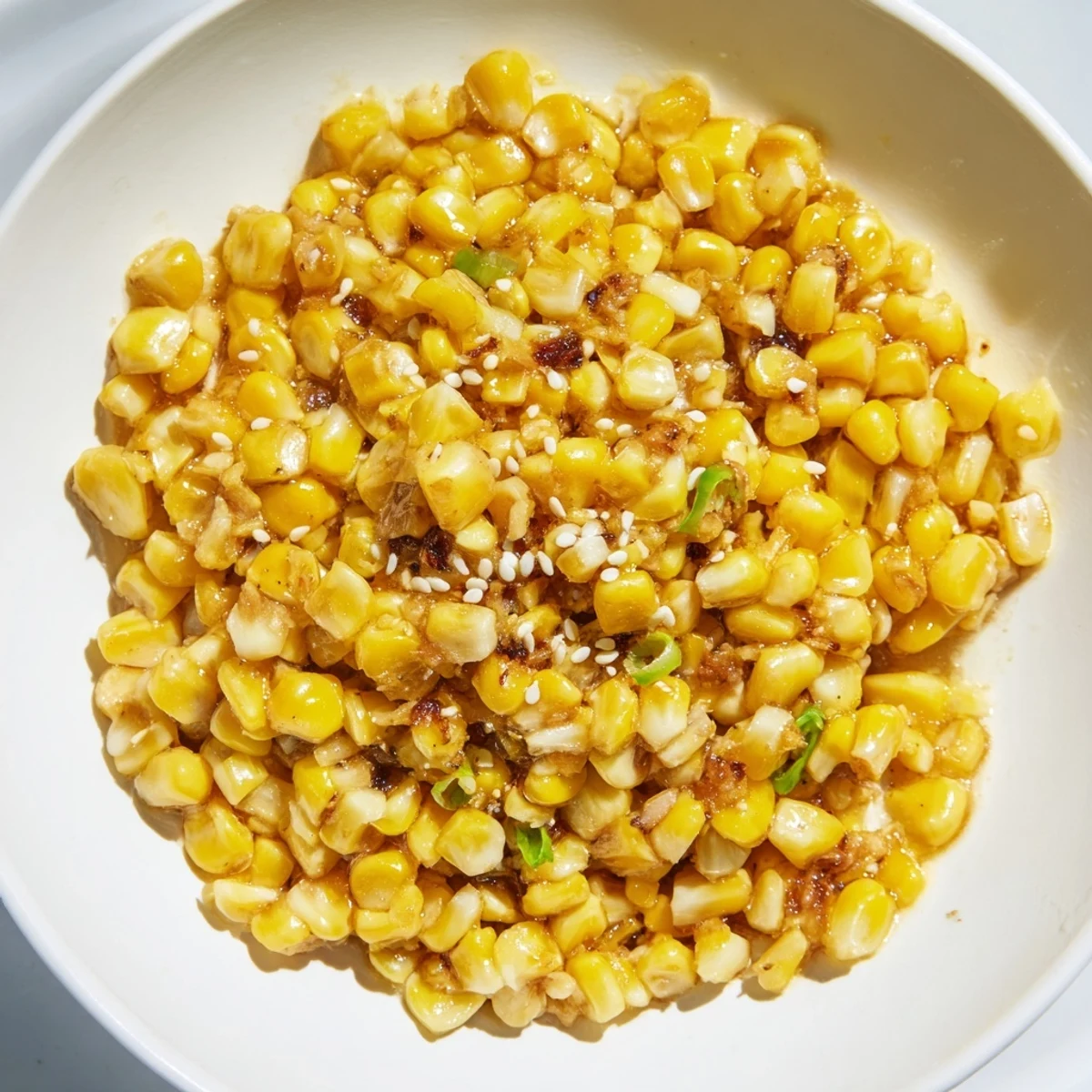 Freshly cooked Japanese Butter Corn with scallions and sesame seeds, a savory and aromatic dish for dinner.