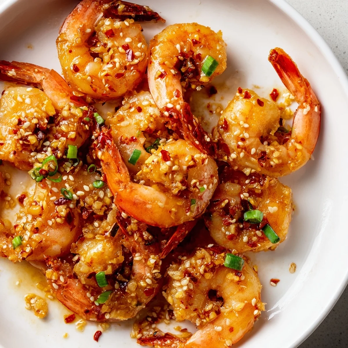 Golden garlic butter shrimp, perfectly coated, with a sprinkle of scallions, ready for serving.