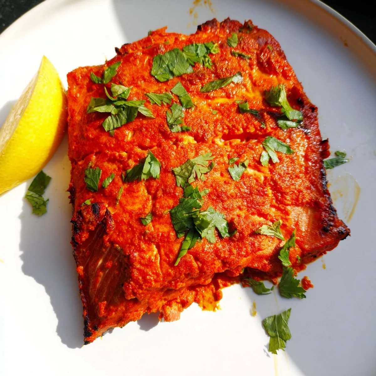Vibrant Indian Tikka Salmon fillets, beautifully roasted and ready, served with fresh coriander and lemon.