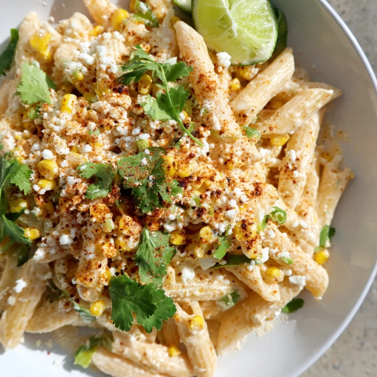 This photo shows a delicious bowl of Mexican Street Corn Pasta, topped with fresh cilantro and cotija cheese.