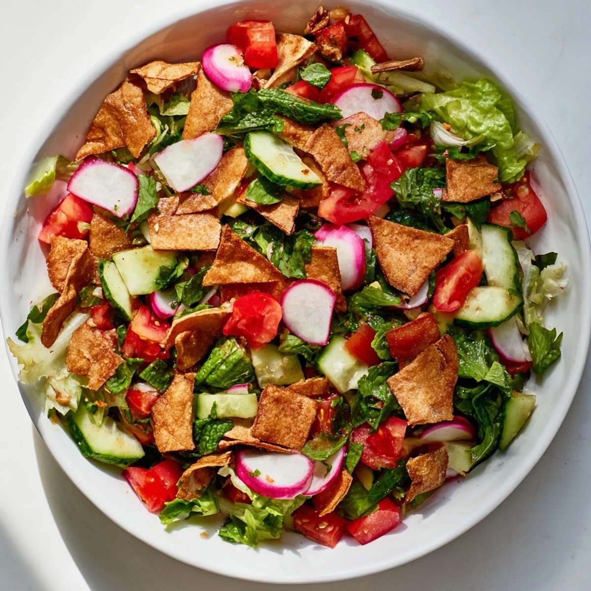 Fresh Lebanese Fattoush Salad with vibrant greens, crunchy pita, and a zesty dressing.