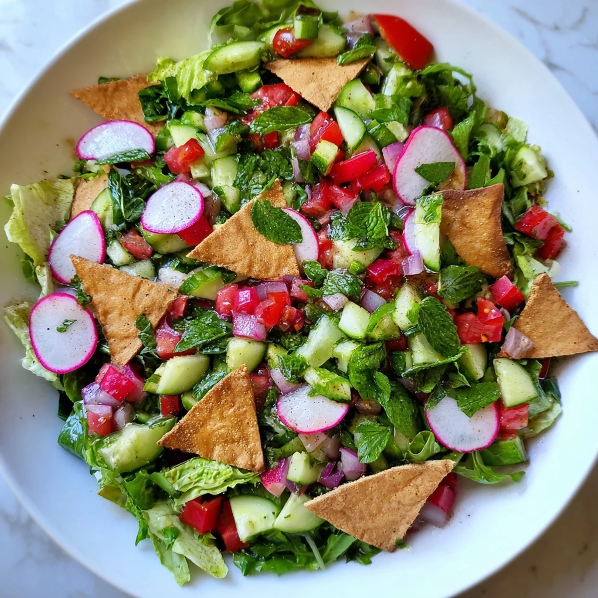 A colorful bowl of Lebanese Fattoush Salad, featuring bright red tomatoes and crispy pita chips.