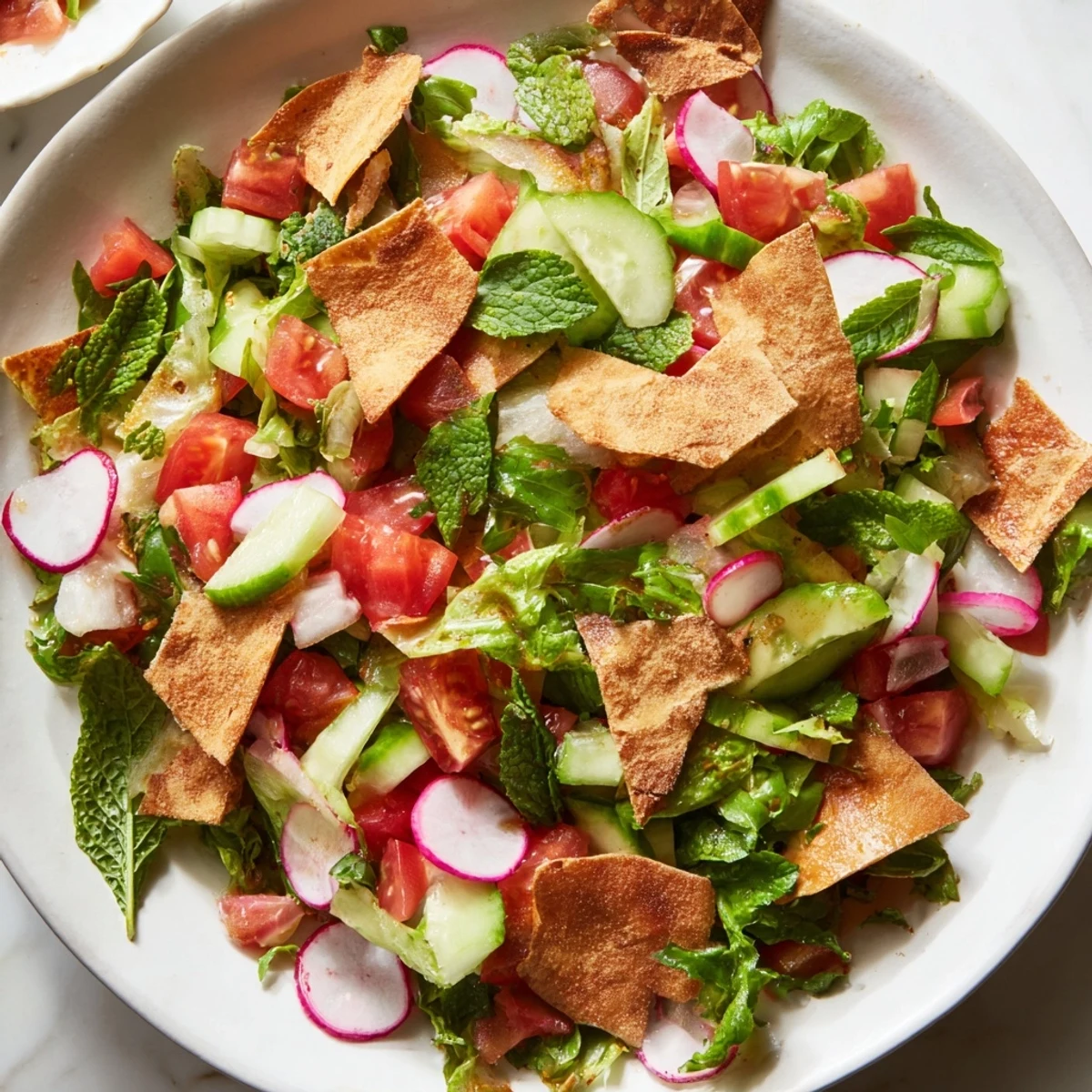 This delicious Lebanese Fattoush Salad shows off a light, tangy dressing drizzled over fresh ingredients.