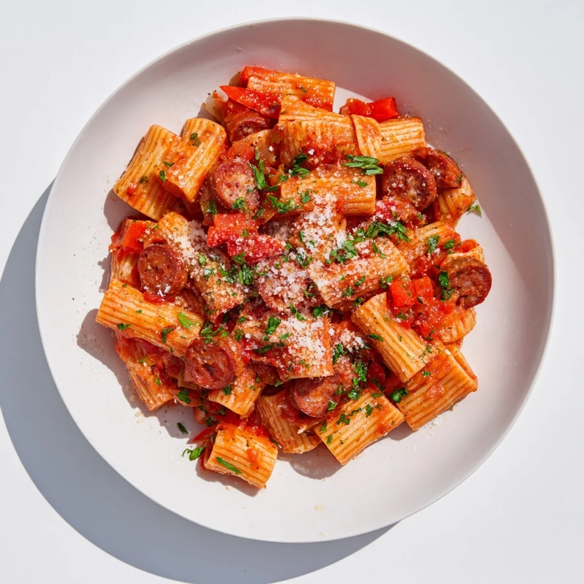 Smoky Spanish chorizo pasta, served piping hot and tossed with fresh parsley and Manchego.