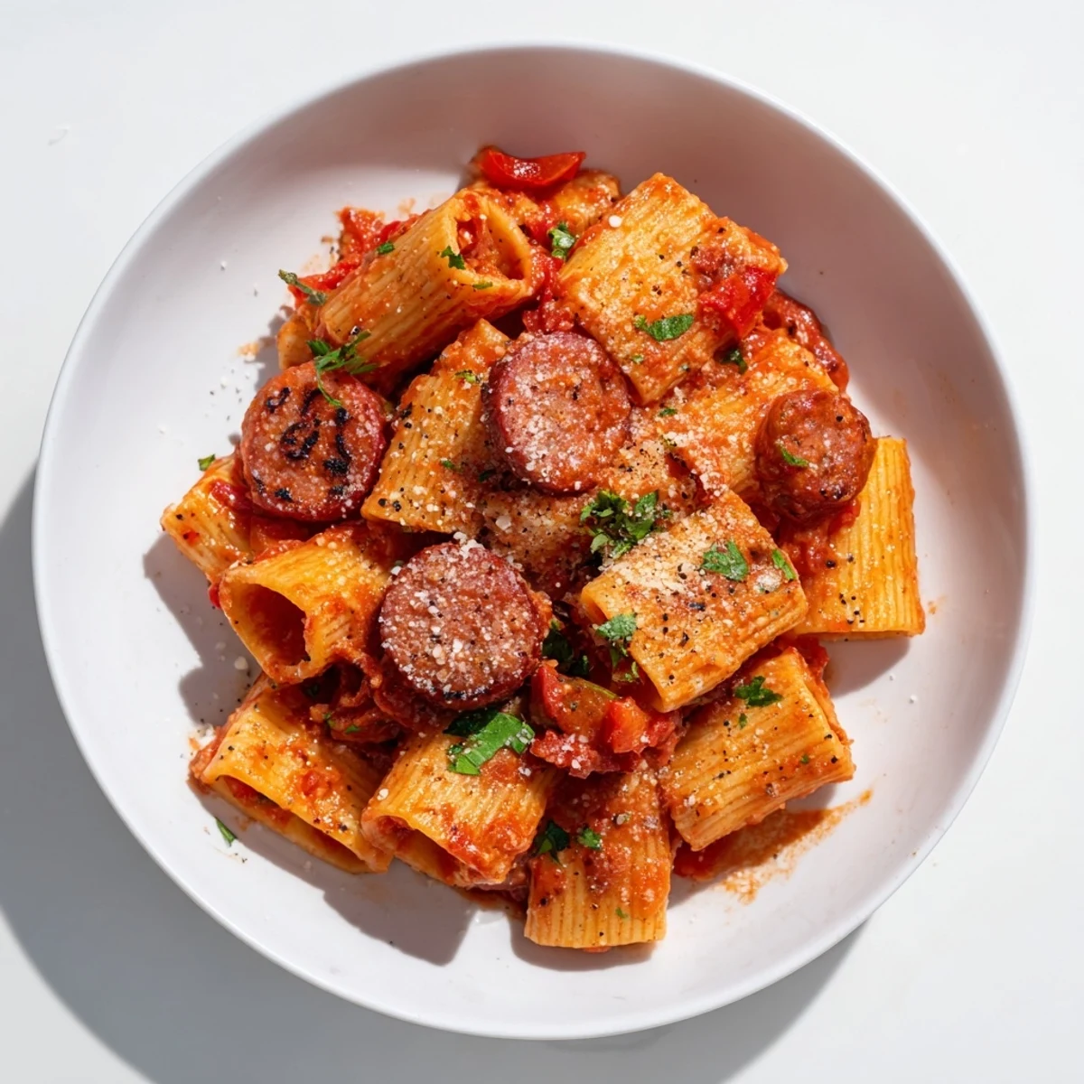 Delicious bowl of Spanish chorizo pasta with diced peppers, ready for a satisfying dinner.