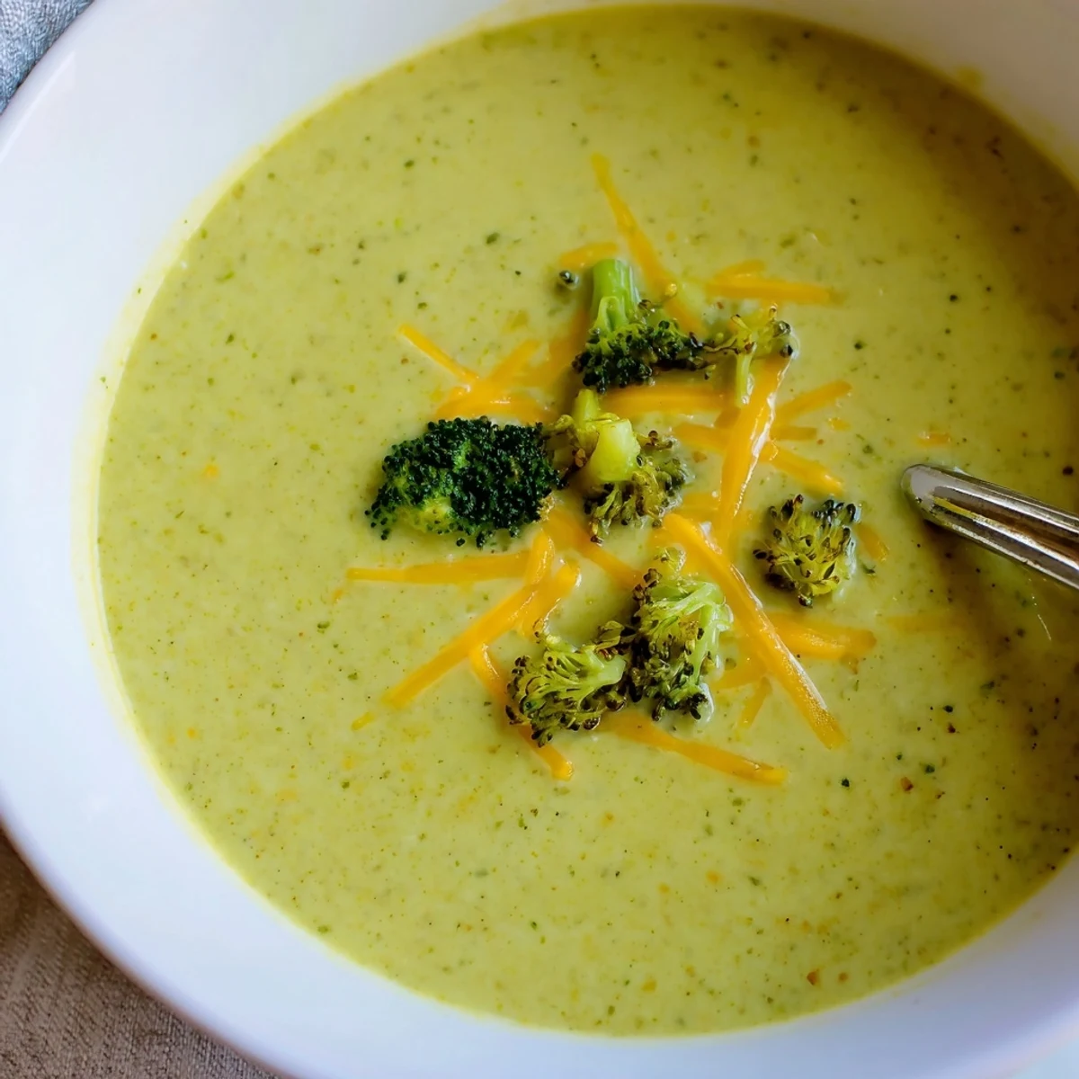 Creamy broccoli cheddar soup with roasted florets, melted sharp cheddar, and a velvety texture in a rustic bread bowl.  