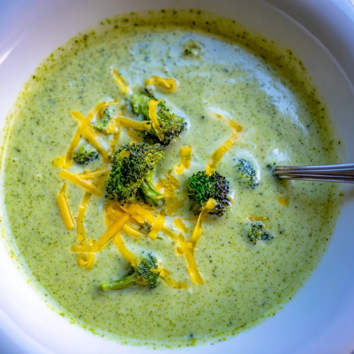 Rich, creamy broccoli cheddar soup served hot, with golden roasted broccoli and a swirl of heavy cream.
