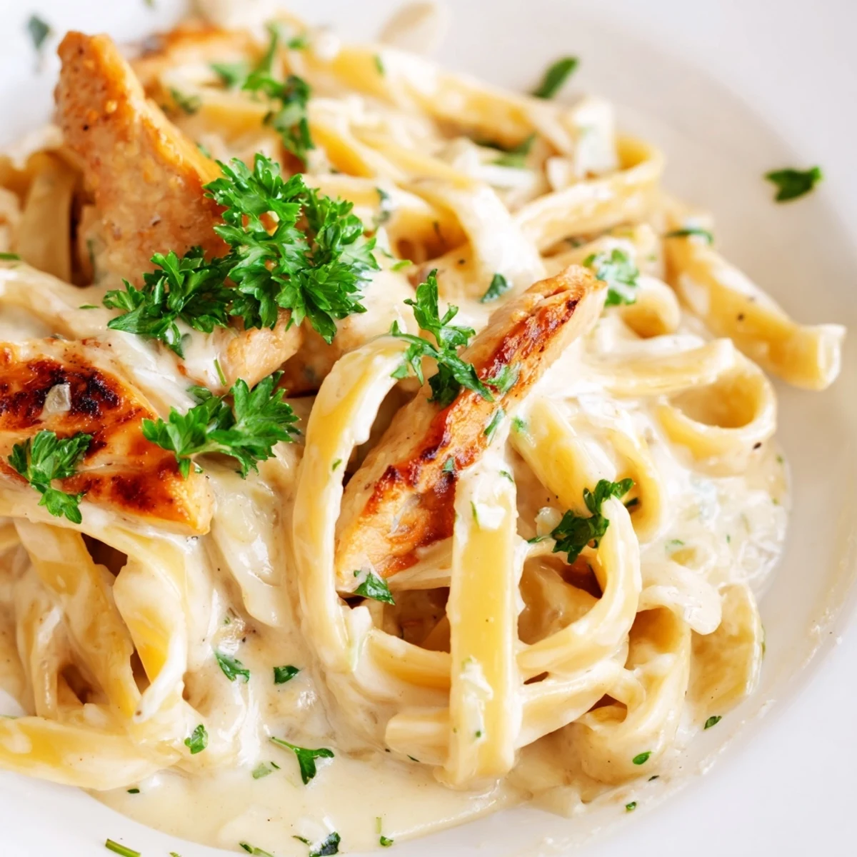 Tender strips of chicken in Skillet Chicken Alfredo, coated in creamy sauce with perfectly al dente fettuccine in a single pan.