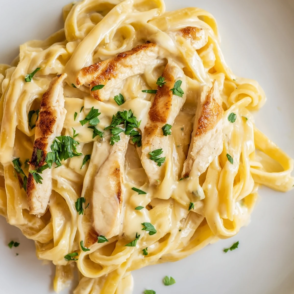 Steam rises from a skillet of Skillet Chicken Alfredo, with golden chicken pieces and glossy sauce clinging to pasta noodles.