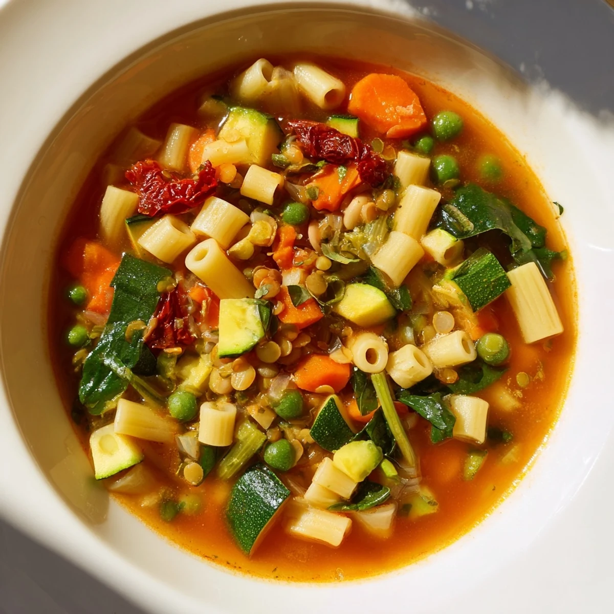 Four mason jars filled with colorful layers of minestrone soup ingredients, including pasta, lentils, and diced vegetables.  