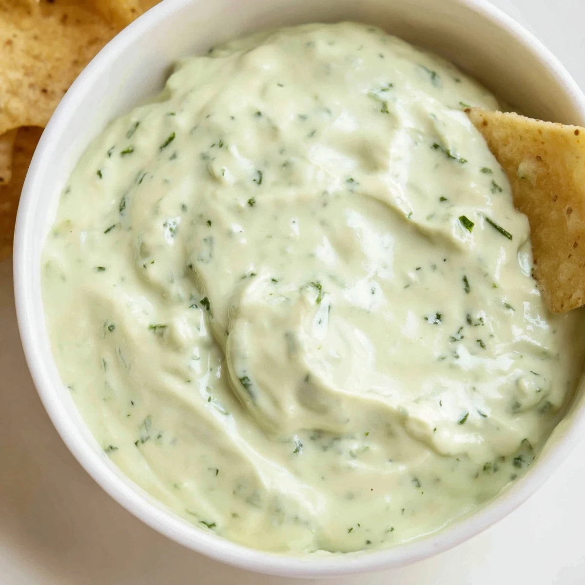 Close-up of vibrant Green Goddess Salad Dip showing its smooth texture, with fresh bell pepper strips and celery nearby.