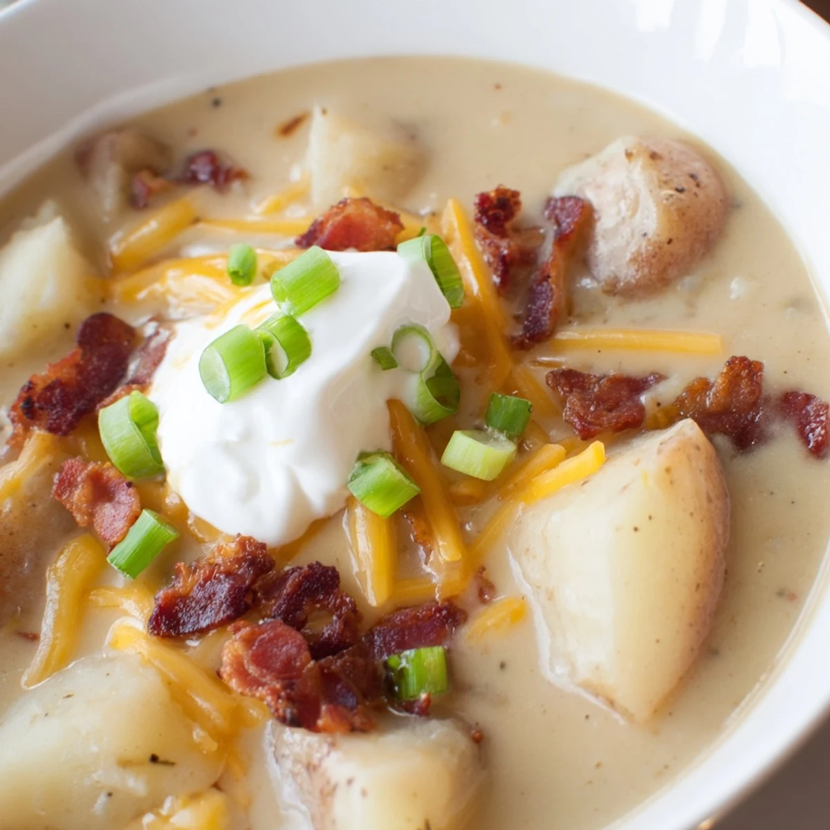 Steaming Loaded Baked Potato Soup features tender potato chunks, crumbled bacon, green onions, and melted cheddar.  