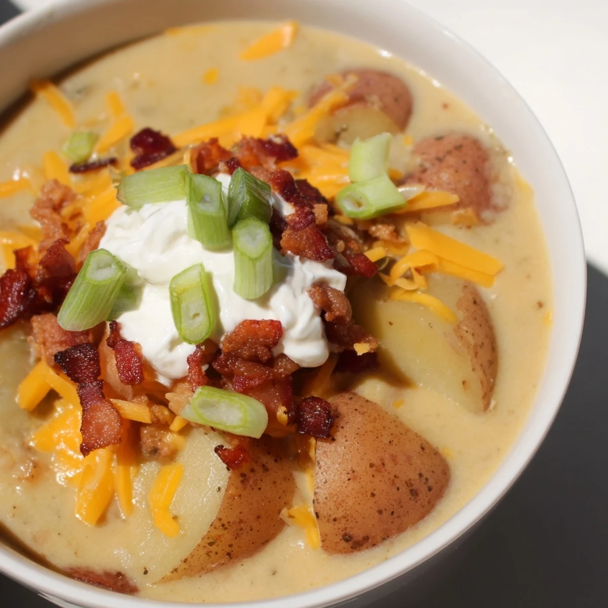 Hearty Loaded Baked Potato Soup served in a rustic bowl with extra cheese and bacon on top.