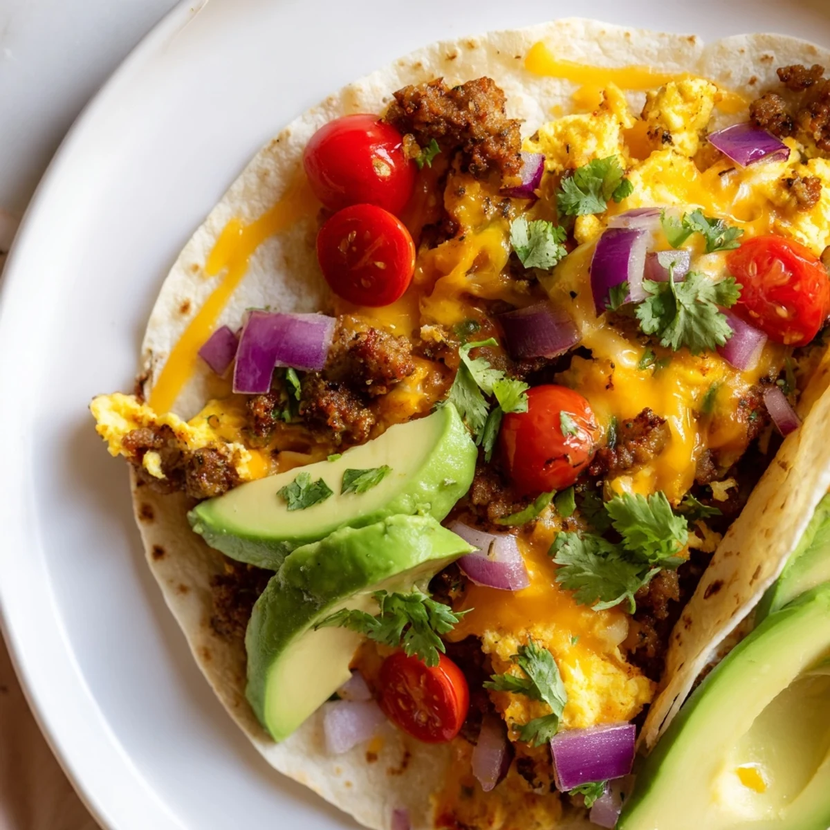 A close-up of Sheet Pan Breakfast Tacos shows gooey cheese and diced tomatoes, with cilantro and salsa for a fresh finish.