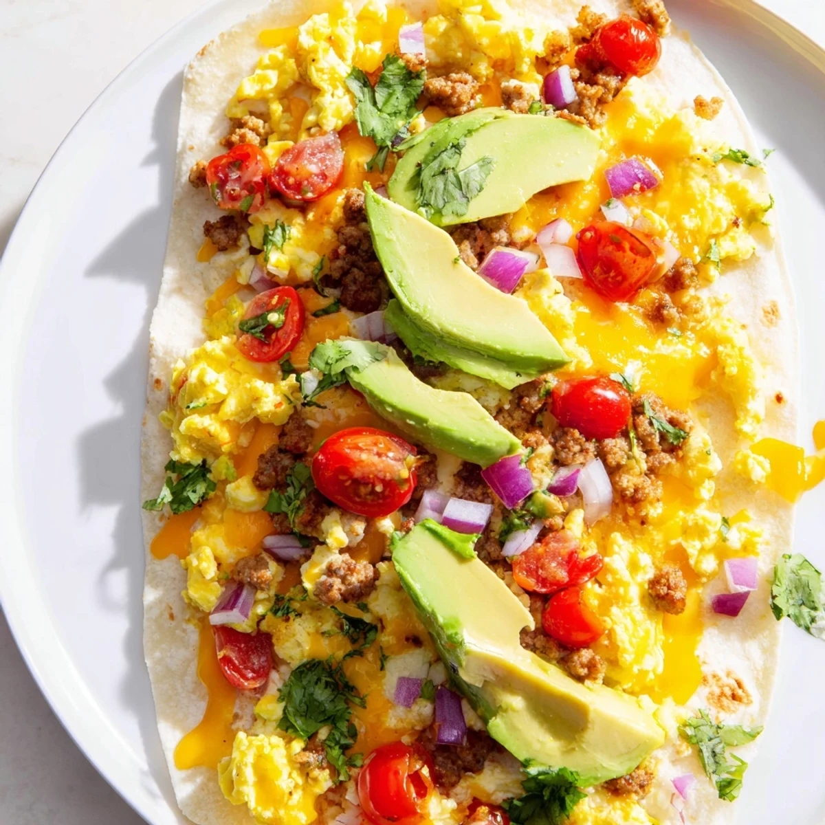 Freshly baked Sheet Pan Breakfast Tacos with crispy edges, stuffed with eggs, cheese, and topped with avocado, ready to serve.