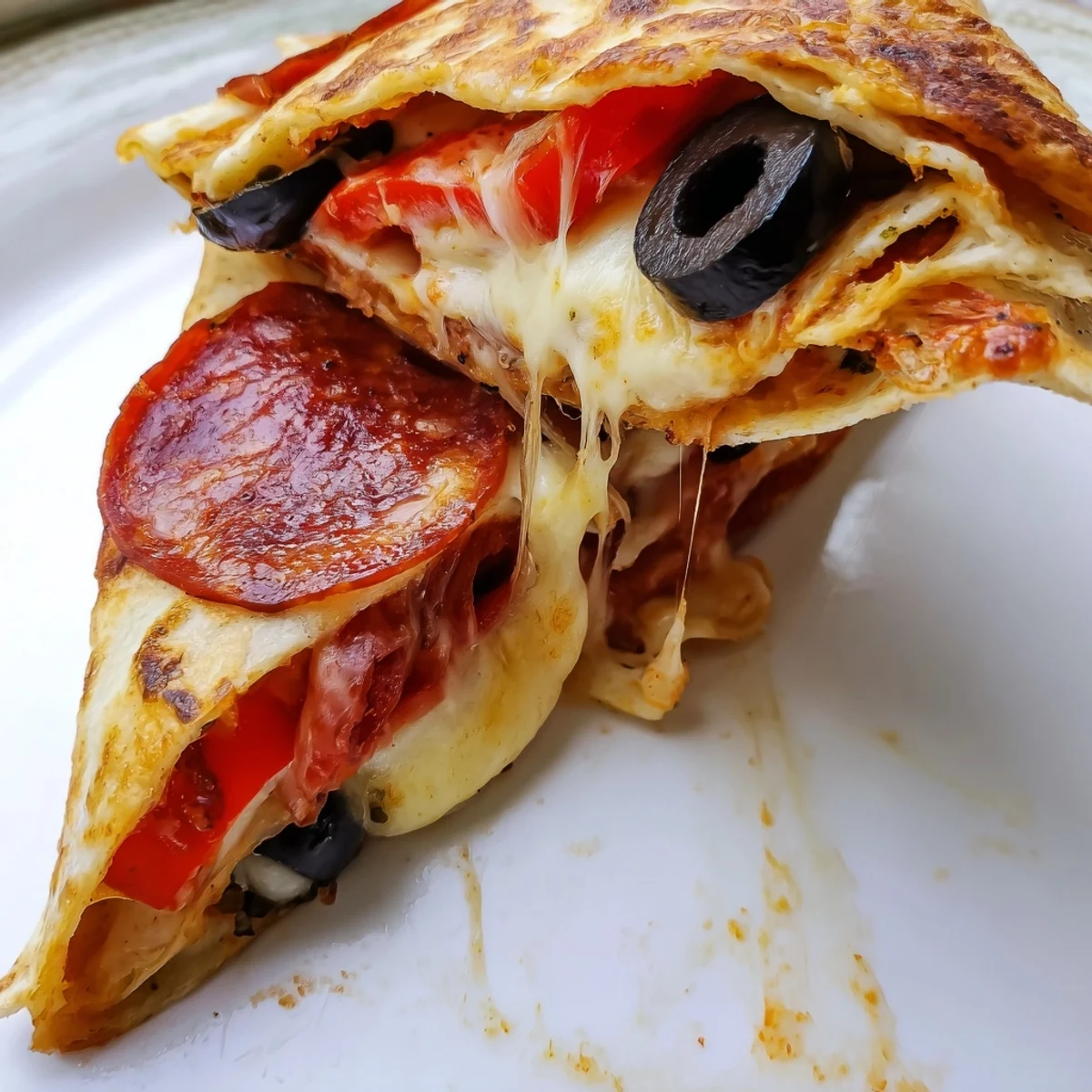 A golden, crispy Tortilla Pizza Wrap with melted mozzarella, pepperoni, and bell pepper on a wooden board.  