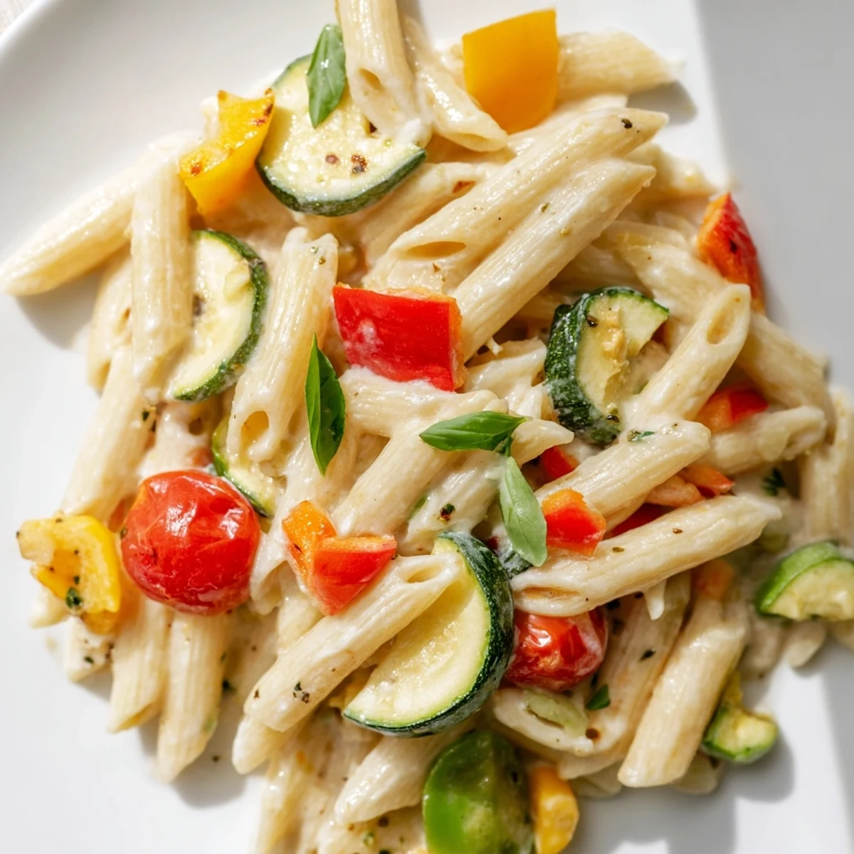 Steaming One-Pot Creamy Pasta Primavera with vibrant zucchini, bell peppers, and cherry tomatoes tossed in a rich parmesan sauce.