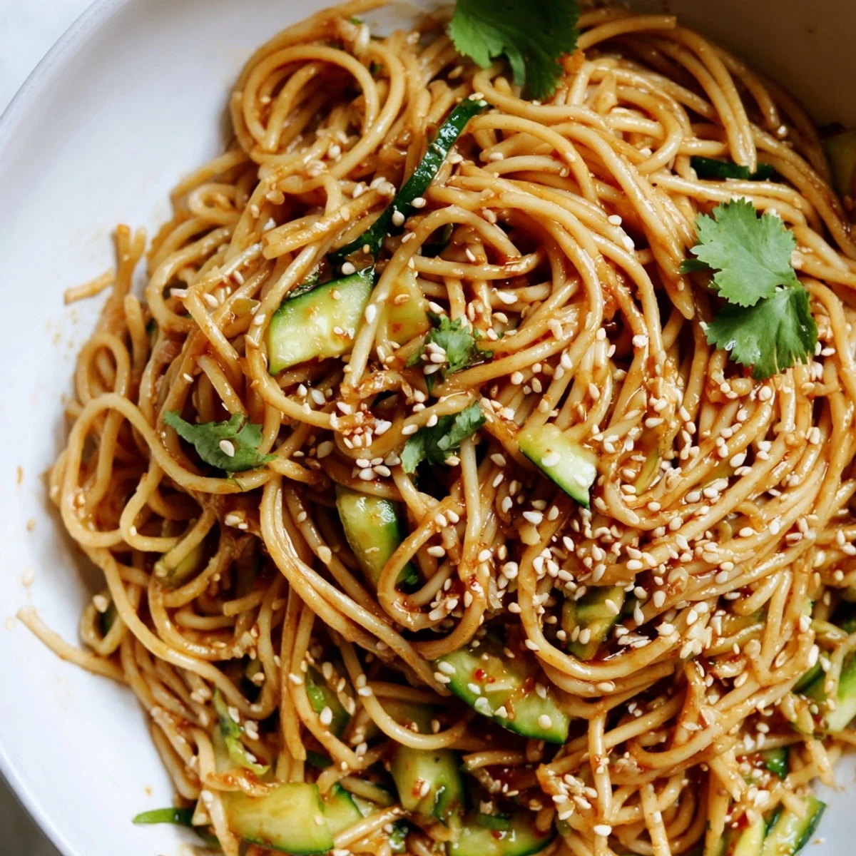 Close-up of vibrant Spicy Sesame Noodle Salad with julienned cucumbers and fresh cilantro on a rustic platter.