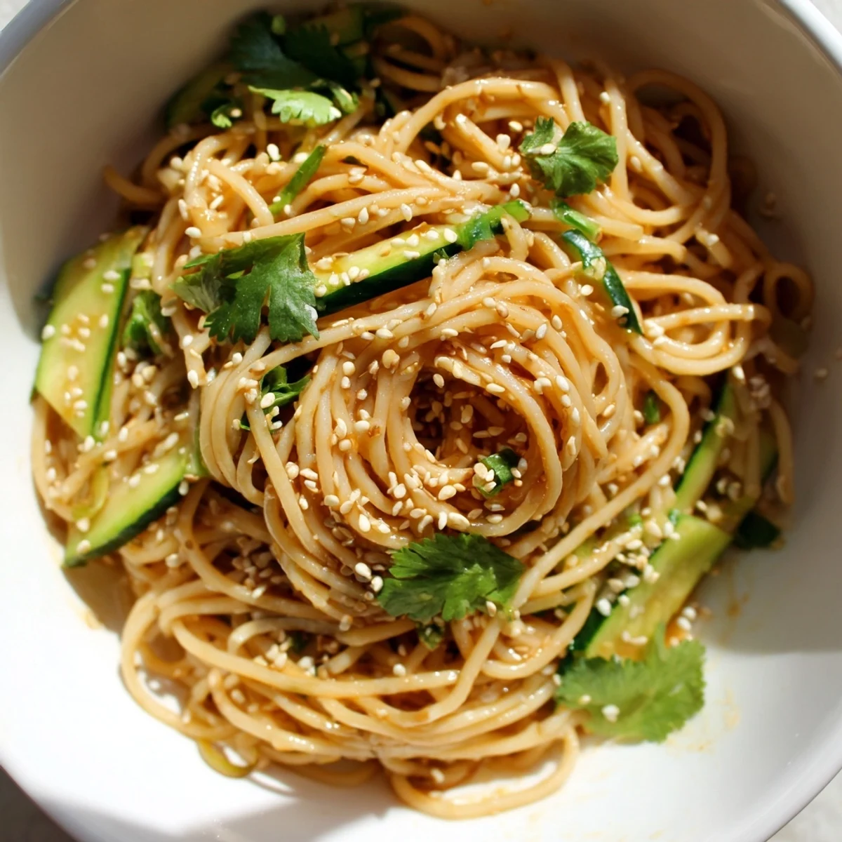 Light and refreshing bowl of Spicy Sesame Noodle Salad, garnished with spring onions and herbs for a quick lunch.