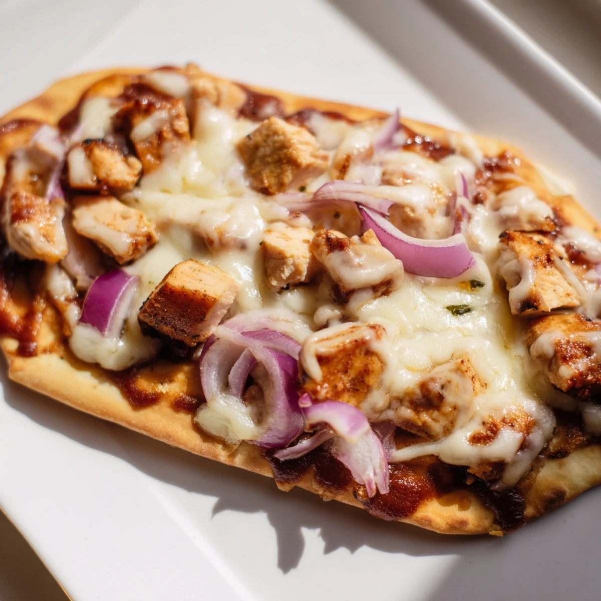 Sizzling BBQ Chicken Flatbread just pulled from the oven, drizzled with extra tangy sauce.  