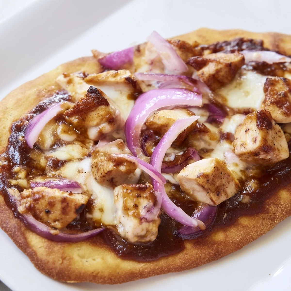 Golden BBQ Chicken Flatbread with melted mozzarella and caramelized red onions, ready to serve.  