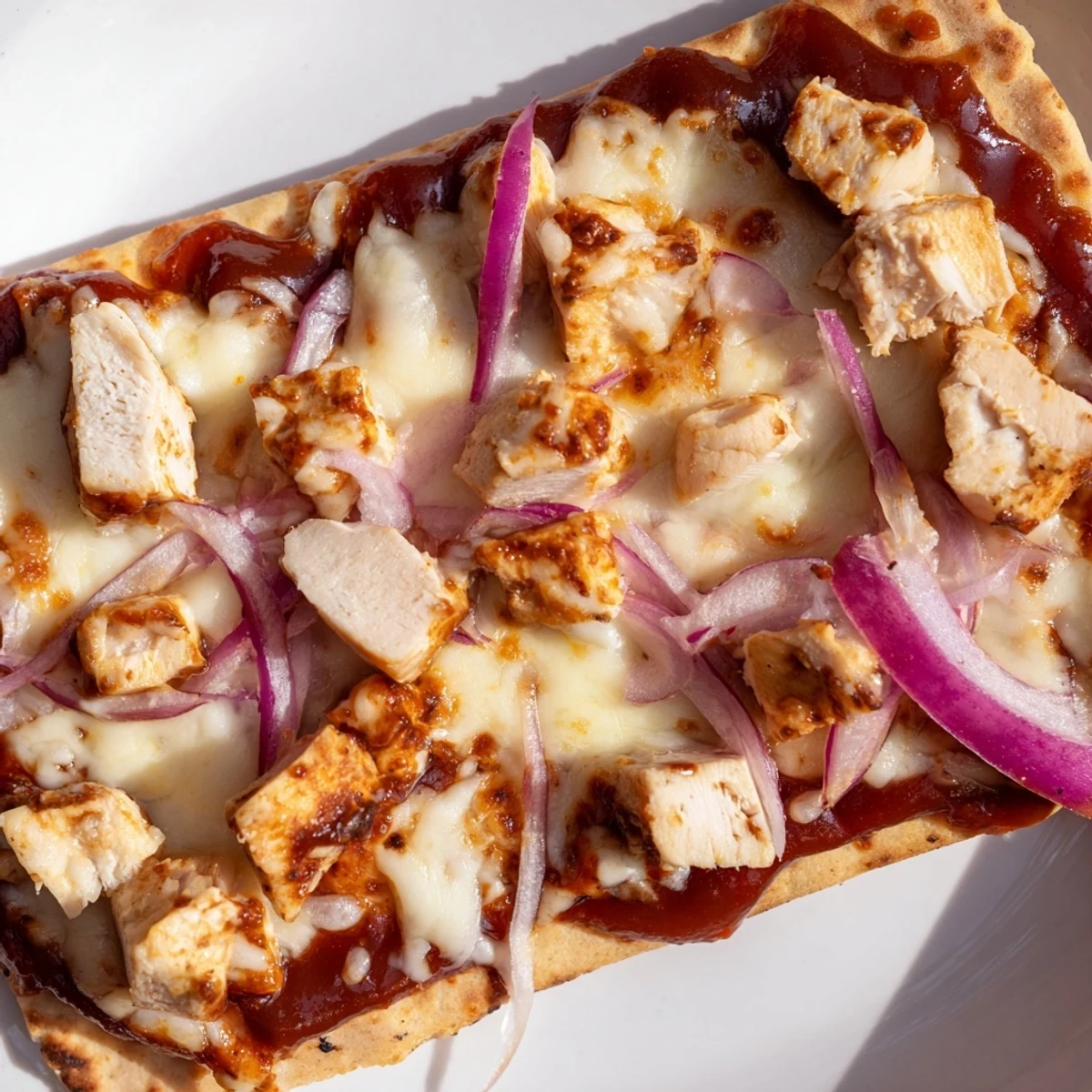 A close-up of BBQ Chicken Flatbread topped with tender grilled chicken and fresh cilantro.