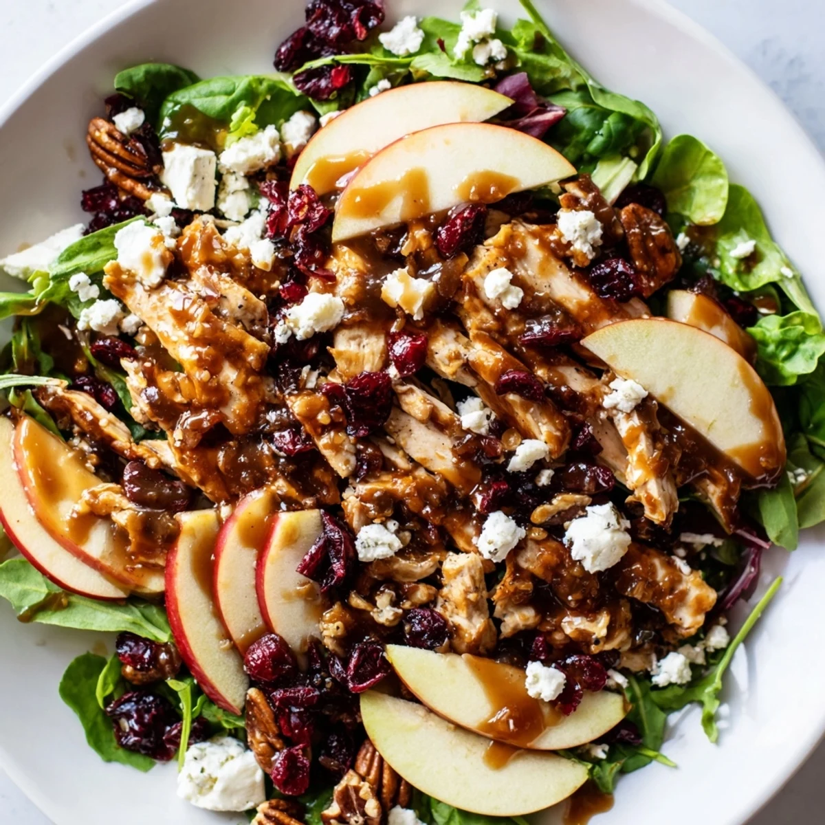 Close-up of caramel apple chicken salad with bright greens, sliced apples, and a golden caramel-pecan dressing.