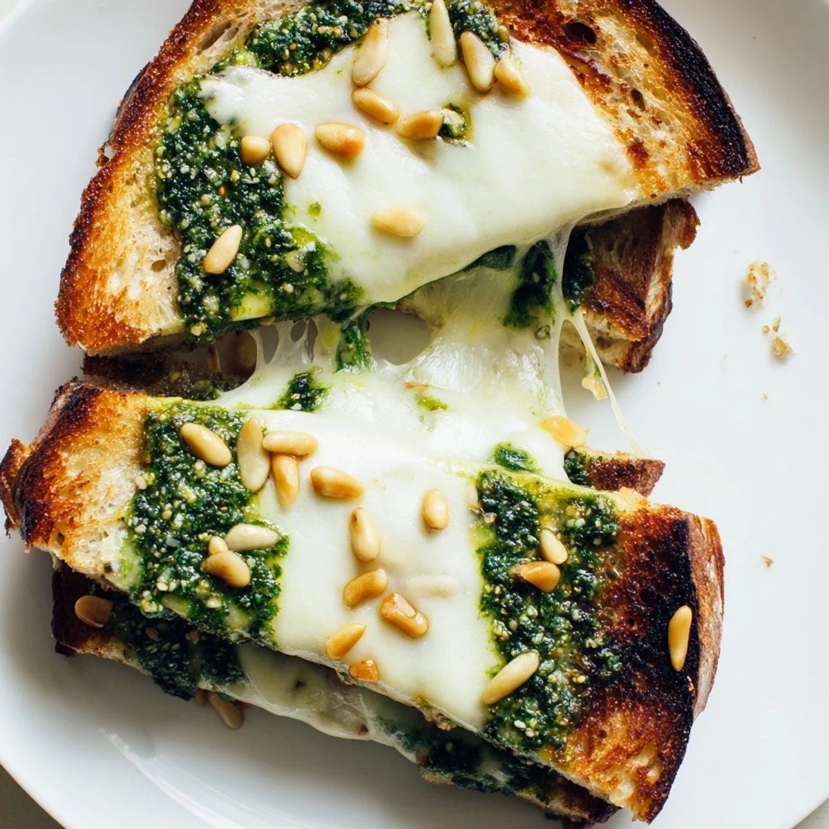 Golden-brown Spinach Pesto Grilled Cheese oozing melted mozzarella and sharp cheddar, served on a plate.