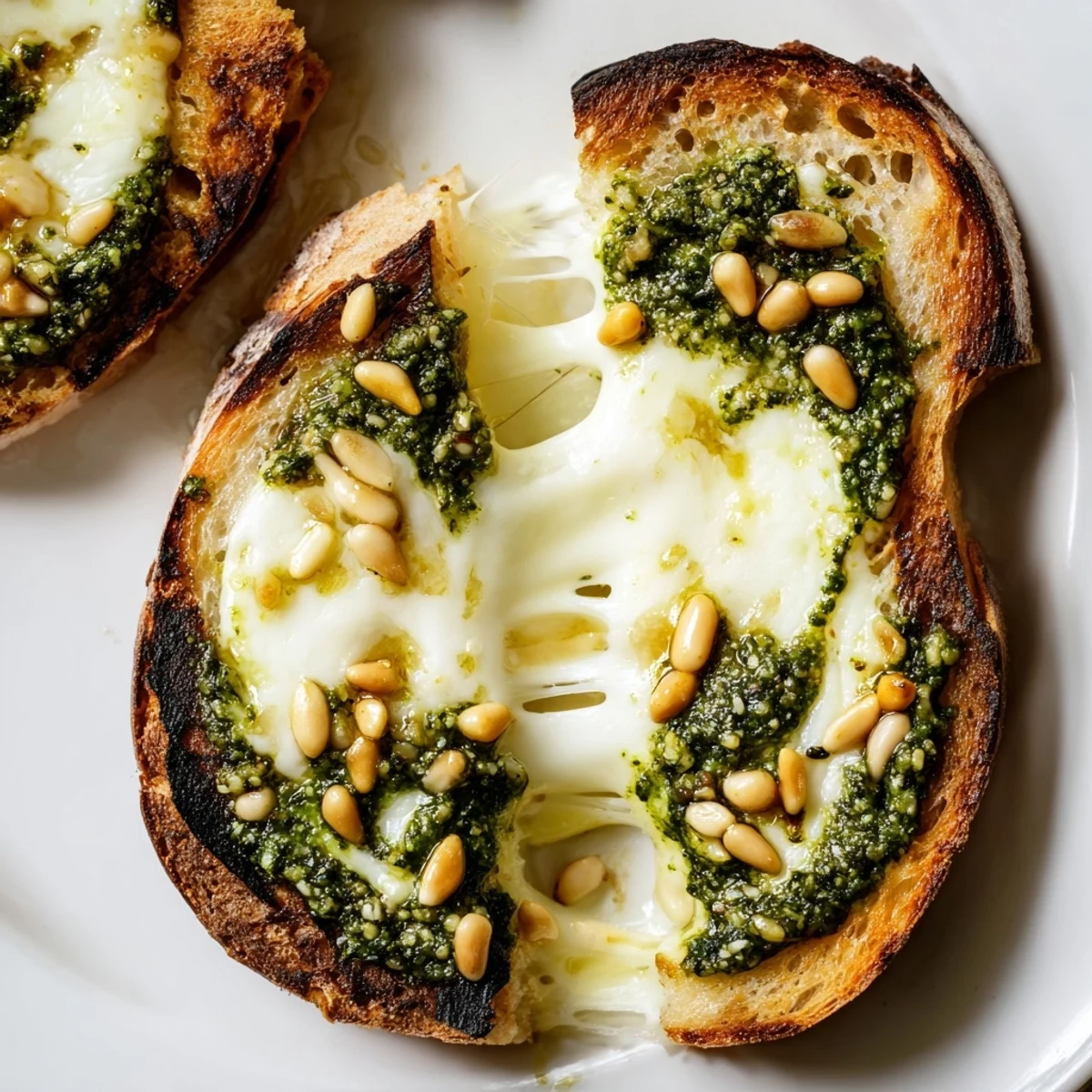 Close-up of Spinach Pesto Grilled Cheese, revealing gooey melted cheese and herby spinach pesto filling.