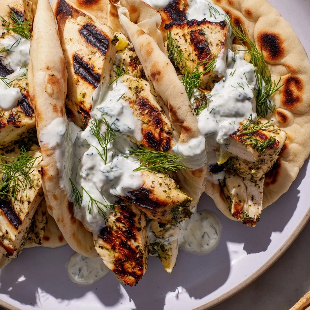 Golden-brown grilled chicken strips nestled in a soft pita, generously topped with crisp cucumber slices, diced ripe tomatoes, and a creamy drizzle of tzatziki sauce for this Greek Chicken Wrap.