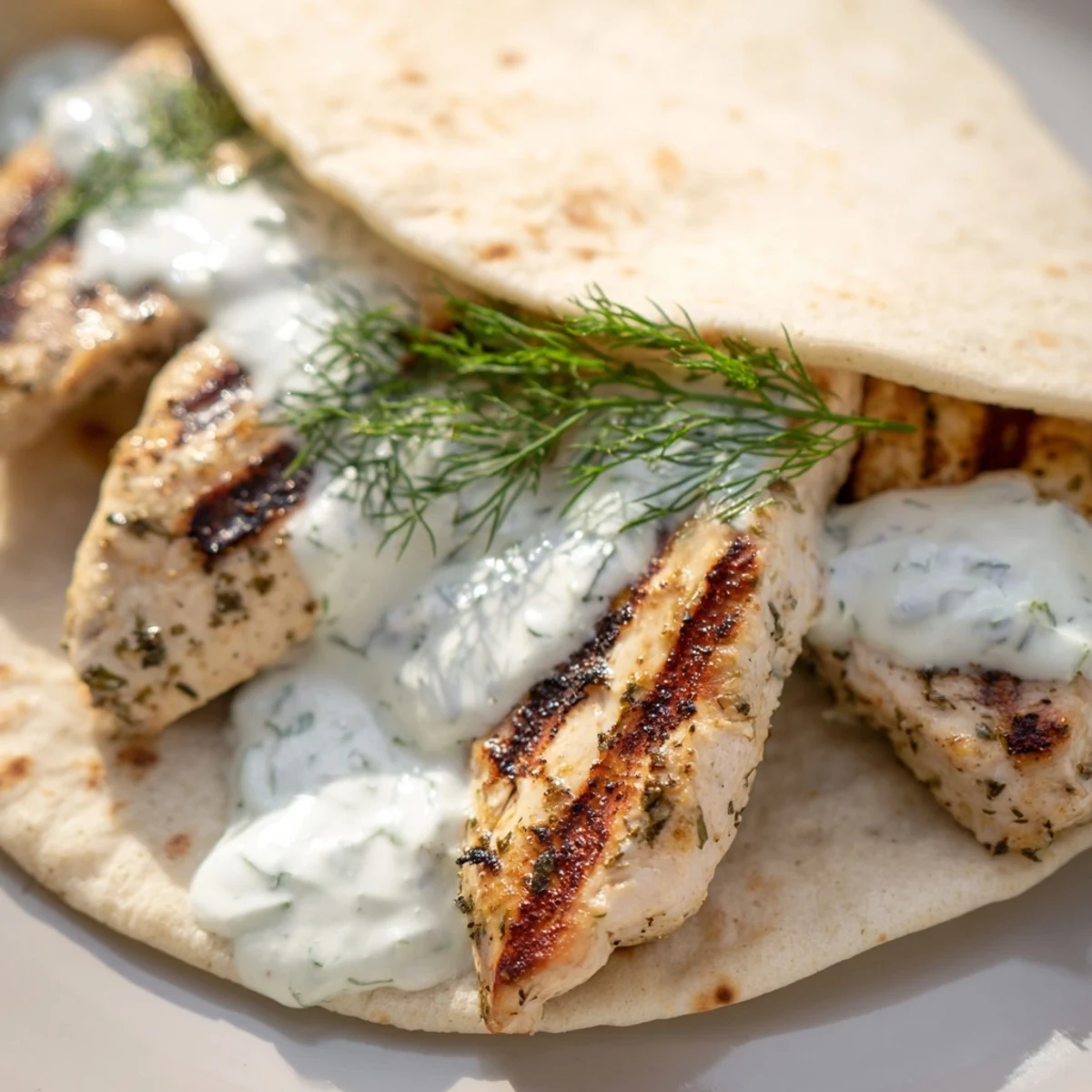A close-up look at a Greek Chicken Wrap with juicy grilled meat, refreshing Greek yogurt sauce, and colorful vegetables wrapped in warm pita bread for a delicious lunch.