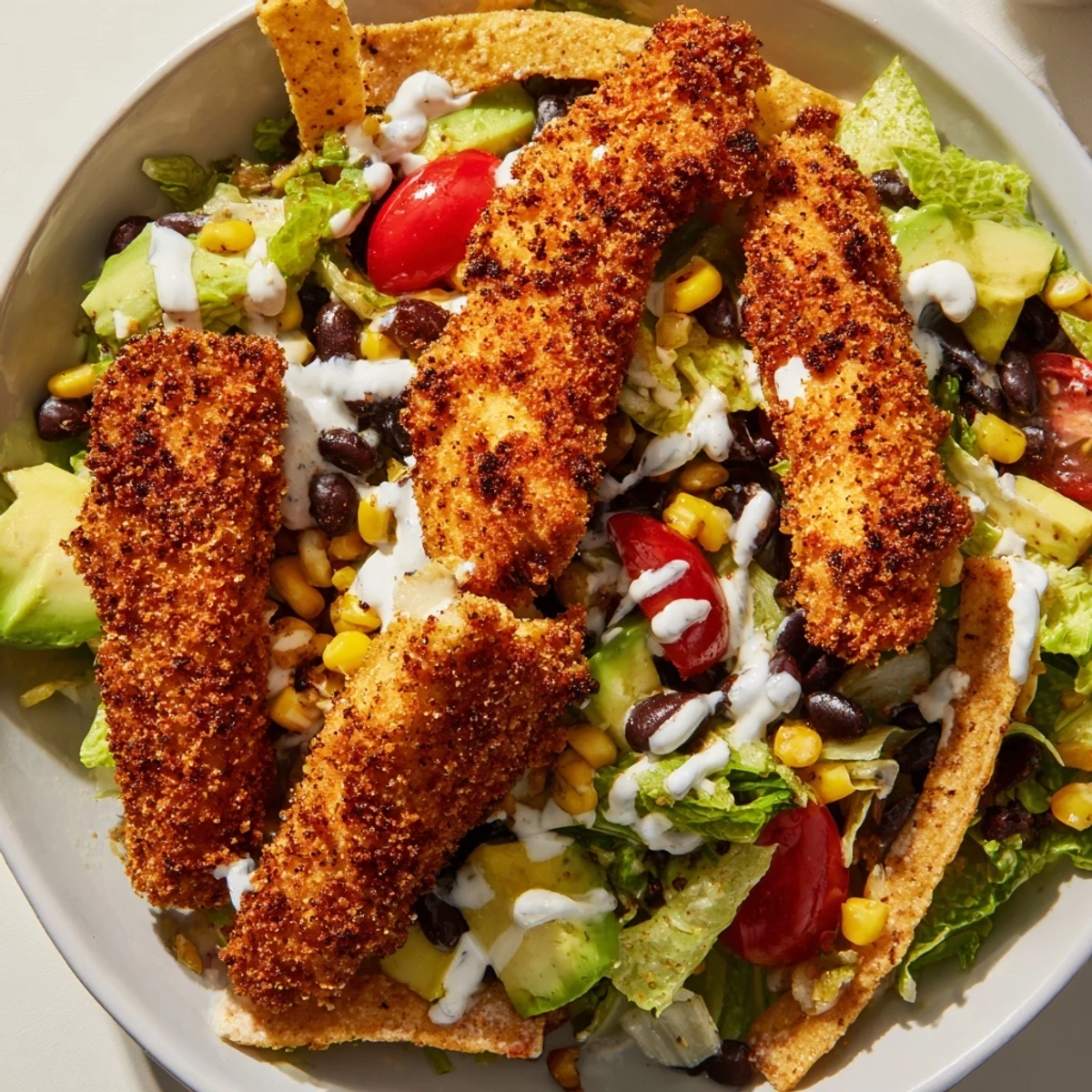 Golden crispy chicken strips rest on a bed of fresh romaine lettuce, black beans, corn, and tomatoes in this vibrant Crispy Chicken Taco Salad.