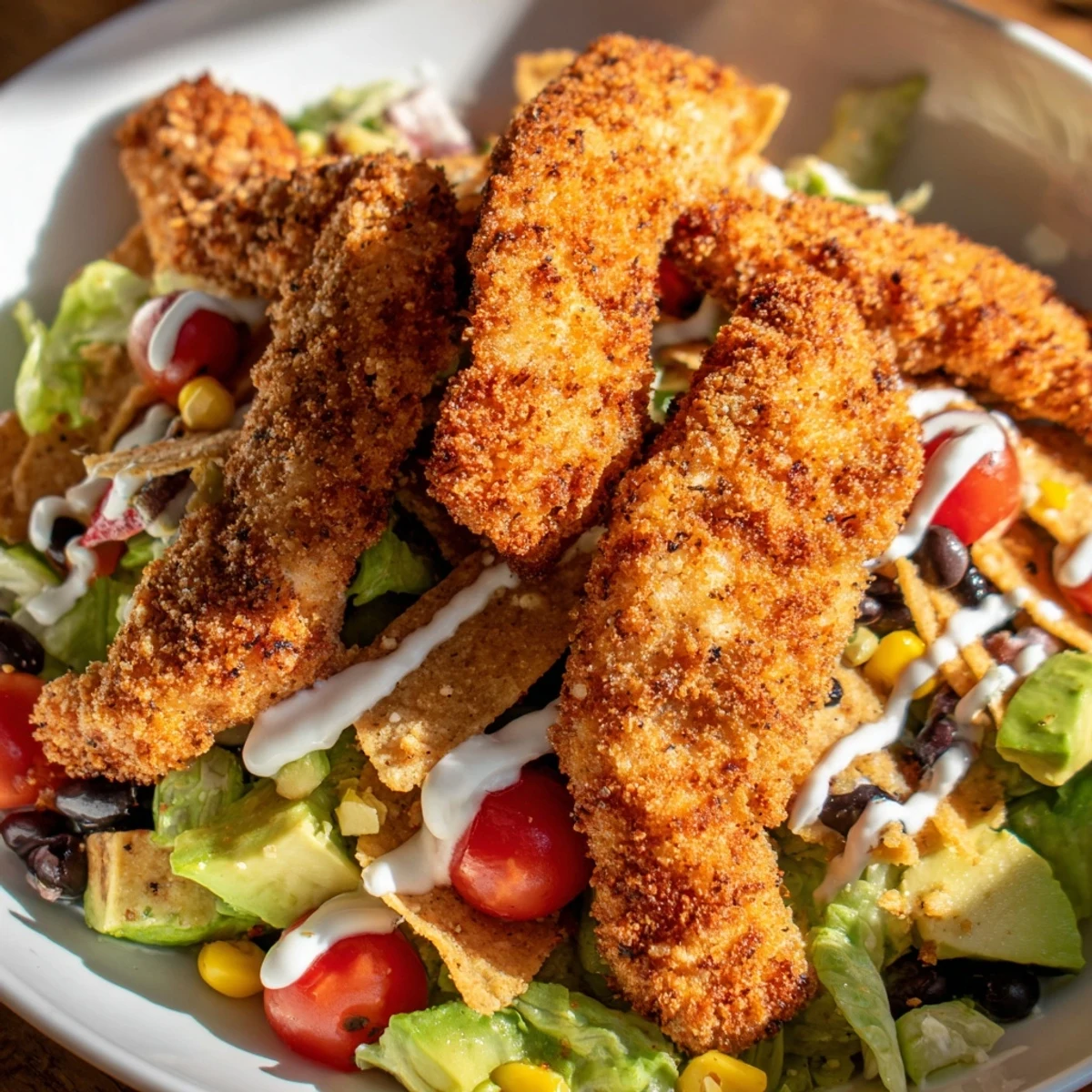 A close-up view of a Tex-Mex Crispy Chicken Taco Salad shows crispy breaded chicken, red onion, and colorful vegetables in a vibrant bowl.