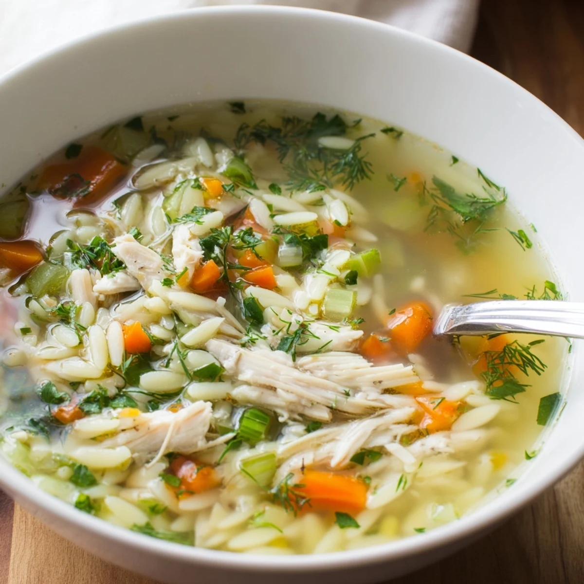 Hearty bowl of Chicken Lemon Orzo Soup garnished with fresh parsley, offering a comforting, bright, and nourishing meal for any season.