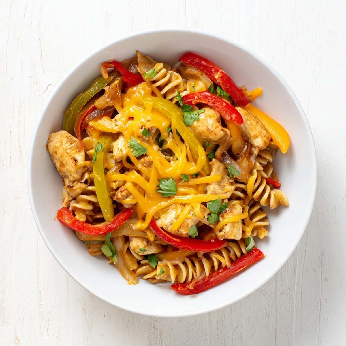 Close-up of a sizzling Chicken Fajita Pasta Skillet with golden pasta, seared chicken strips, and vibrant peppers and onions in a creamy, cheesy sauce.