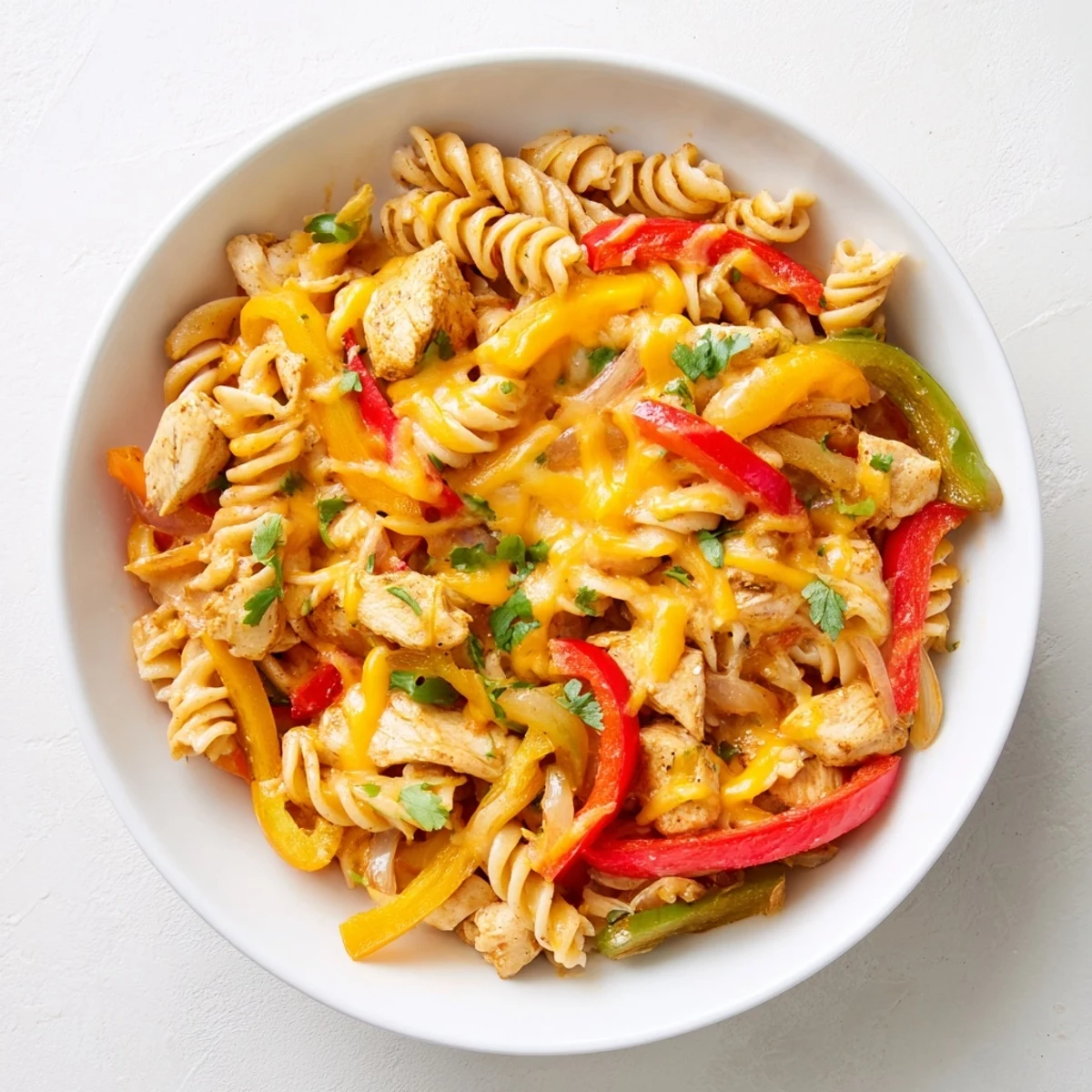 Overhead view of a bubbling Chicken Fajita Pasta Skillet, featuring colorful bell peppers and melted cheese topping, perfect for a quick weeknight dinner.