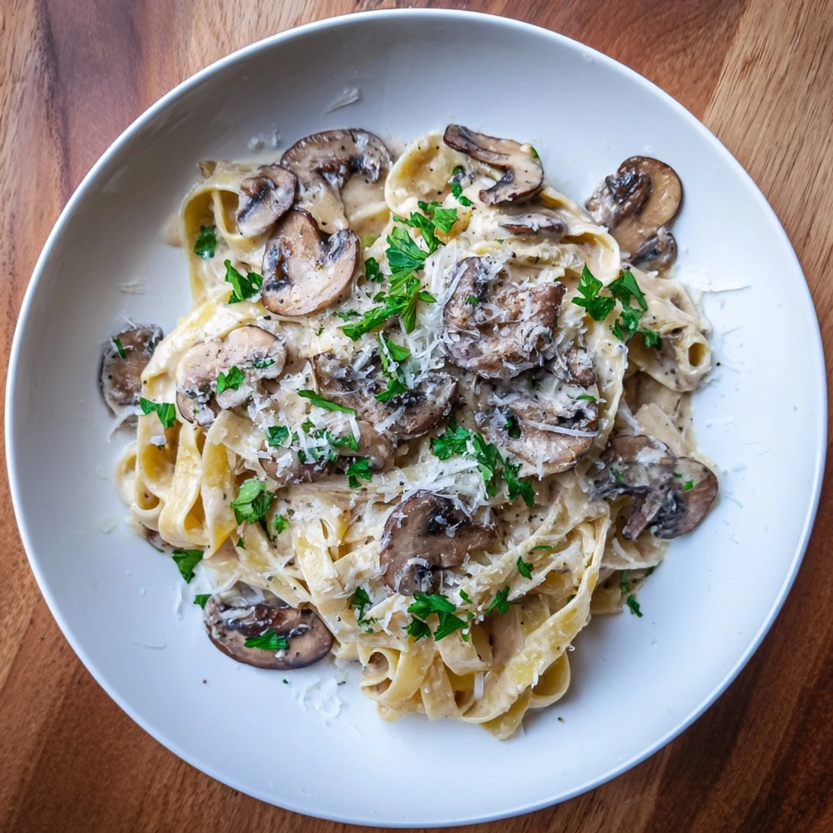 Steaming fettuccine coated in a creamy mushroom Alfredo sauce with sautéed cremini mushrooms and fresh parsley garnish.