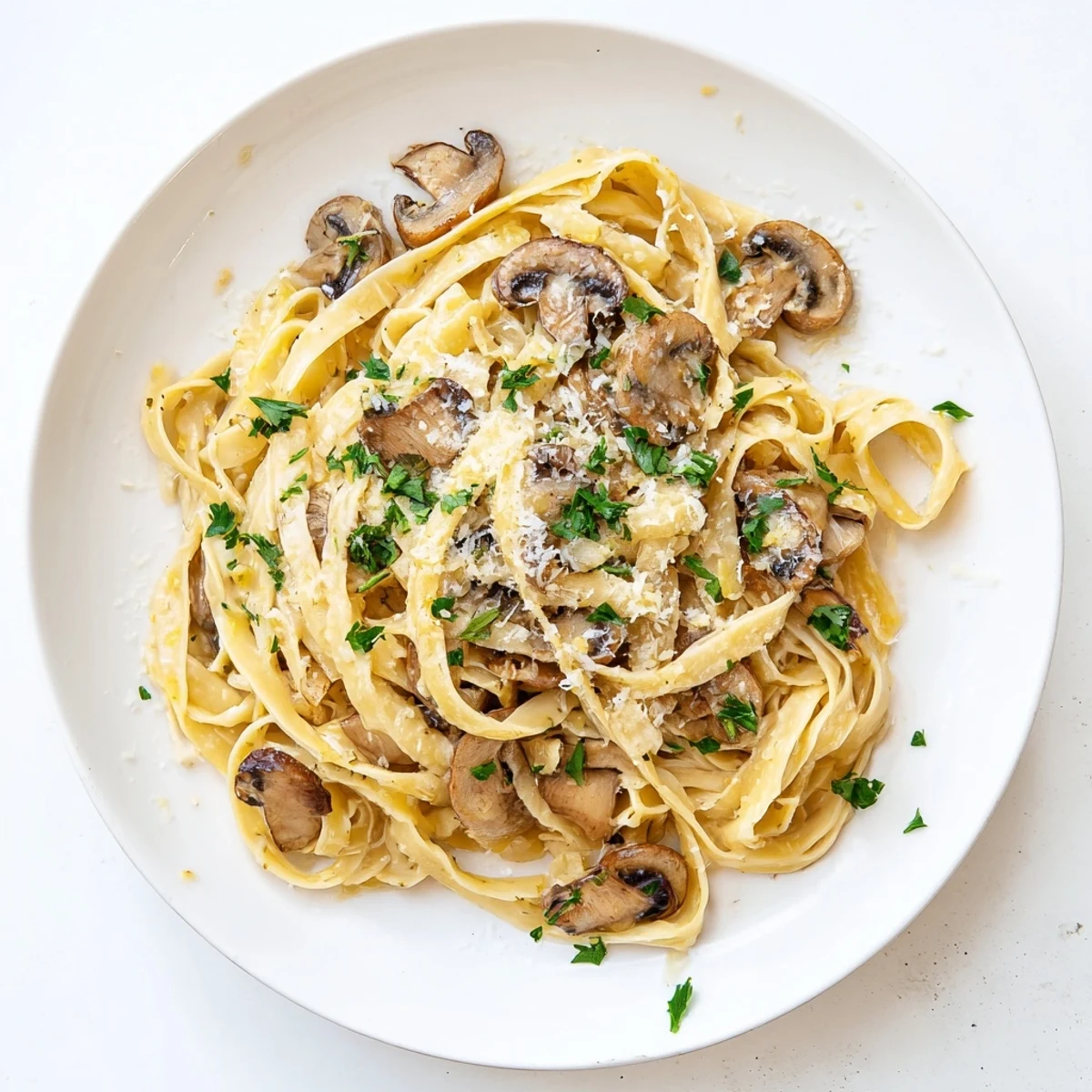 A close-up of creamy mushroom Alfredo pasta, featuring golden-brown mushrooms and a velvety parmesan sauce.