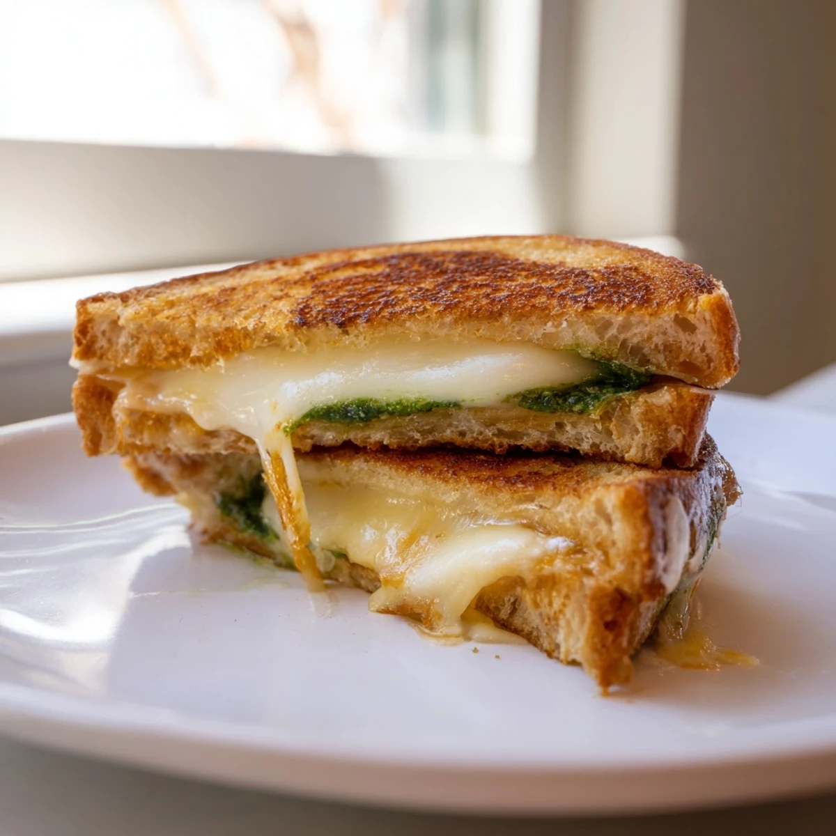 Golden-brown sourdough pesto grilled cheese with melty cheese oozing from the crispy crust.