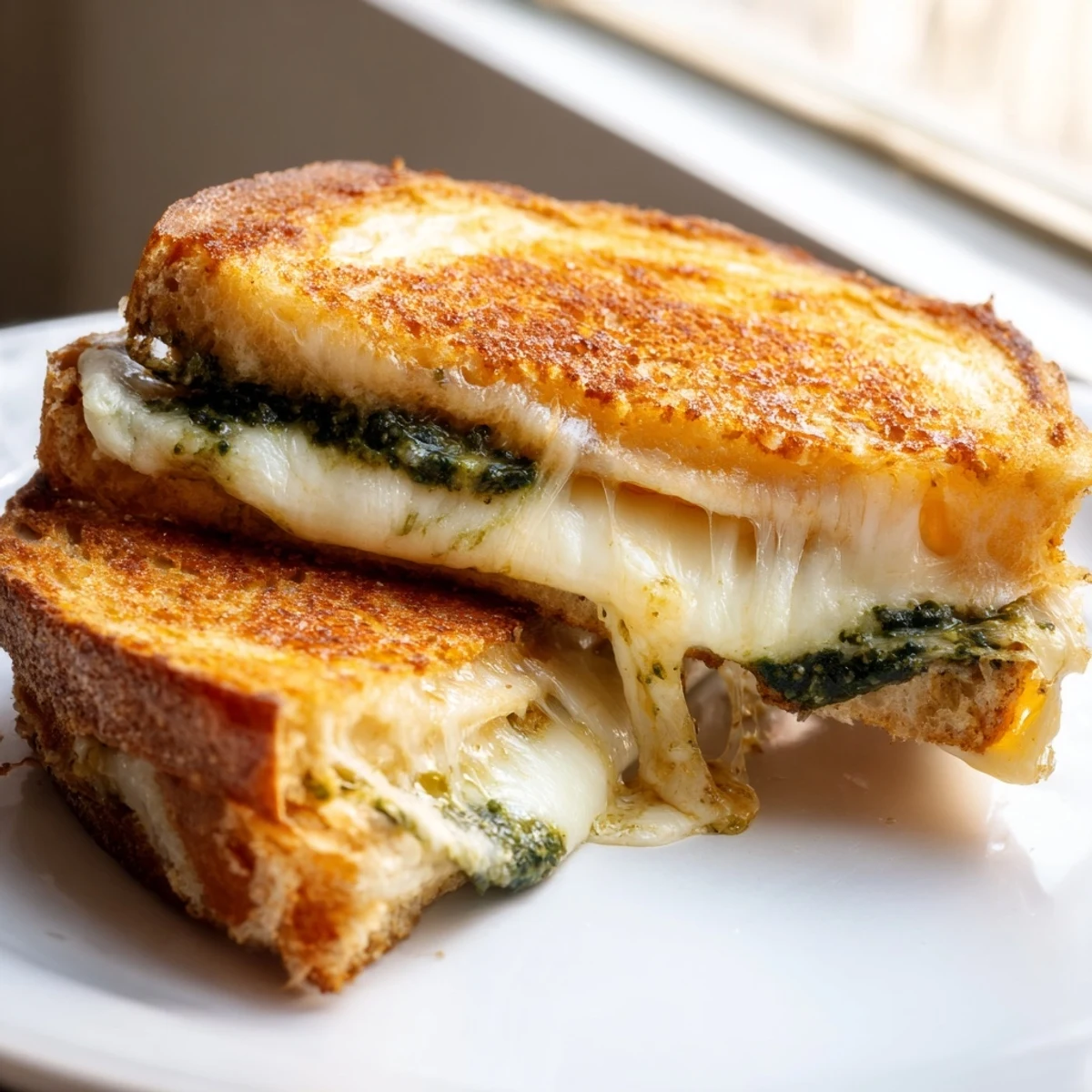Close-up view of a grilled sourdough pesto sandwich showing melted mozzarella, fontina, and cheddar.