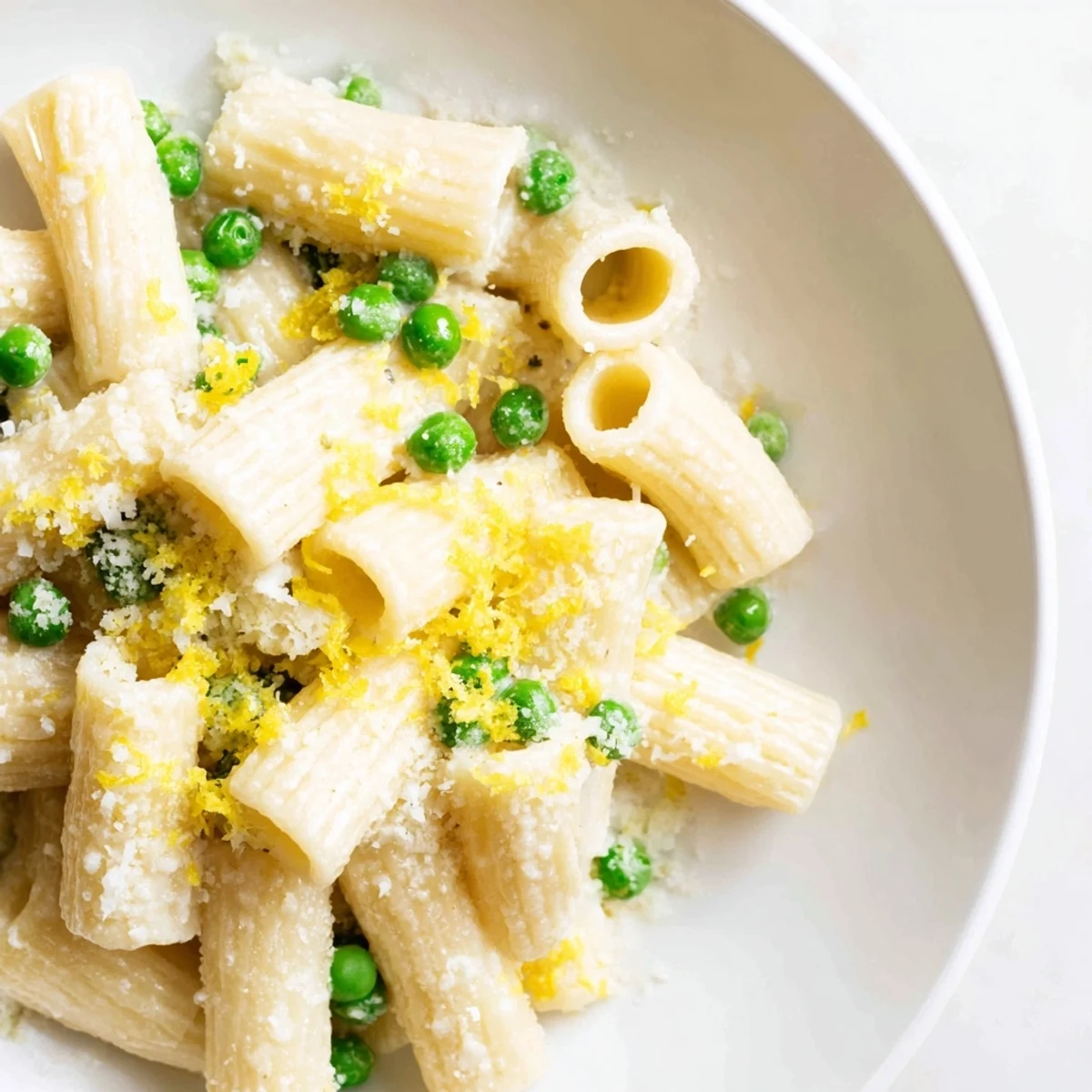 Creamy Pea & Lemon Ricotta Pasta with rigatoni, garnished with fresh basil and grated Parmesan.