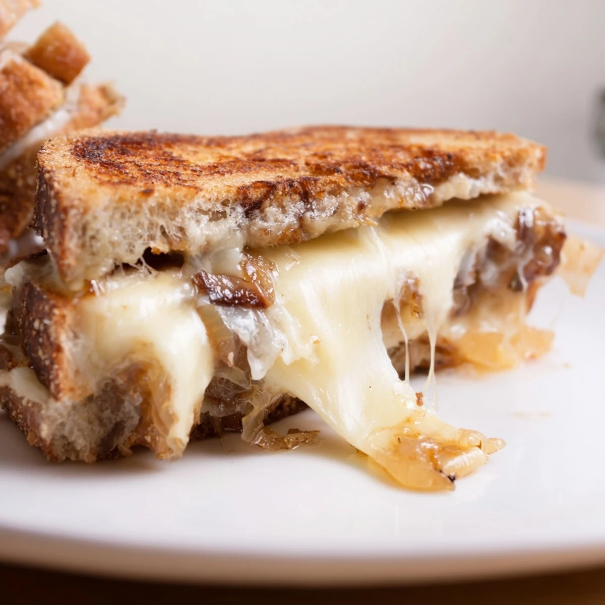 Golden, crispy slices of caramelized onion and Gruyère grilled cheese rest on a plate, ready to be dipped in tomato soup.